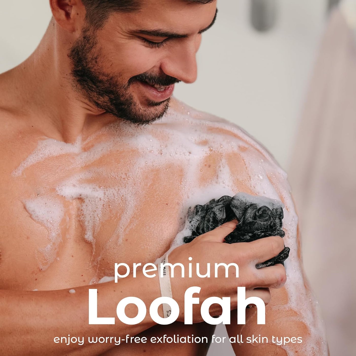 MainBasics Bath Shower Loofah Sponge Pouf Body Scrubber Exfoliator Body Wash Sponge (Set of 3, Black Ice)