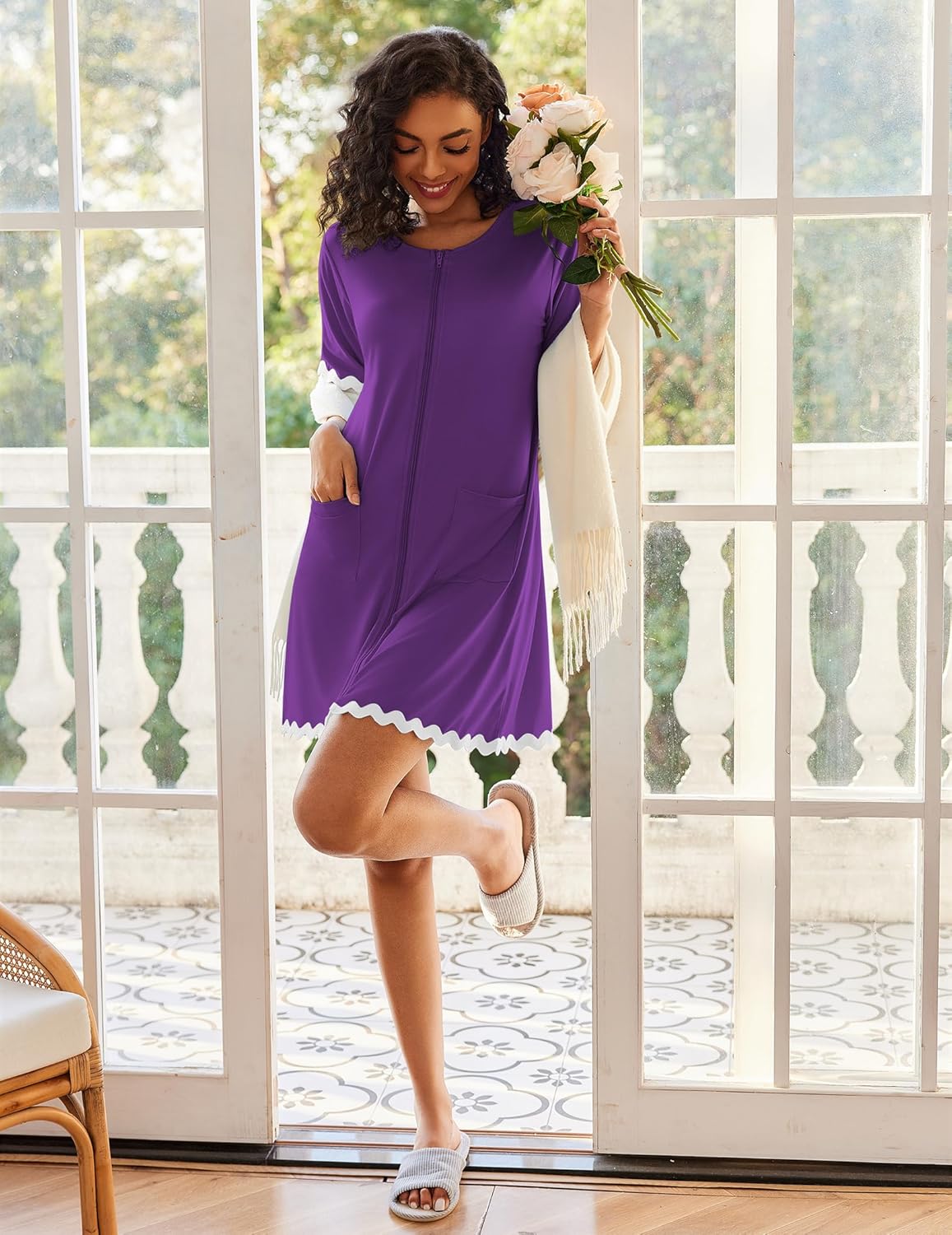 Ekouaer Women Zip Up Robe Lightweight Housecoats with Pockets Knee Length Short Bathrobes Soft Nightgown S-3XL