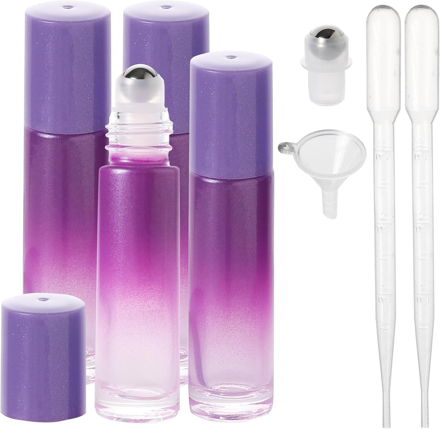 Essential Oil Roller Bottles, 10ml Thick Glass Perfume Roller Bottles with Funnel Opener and Dropper Colored Glass Empty Bottles with Stainless Steel Roller Balls (Purple, 4 Pack)