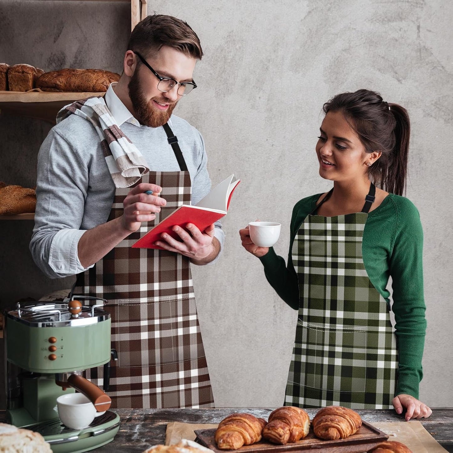 2 Pack Aprons, Plaid Check Grid Adjustable Bib Aprons with 2 Pockets for Women Men Couple Lovers Chef Home Kitchen Cooking Baking Gardening Dark Brown Green Apron 32x28 Inches