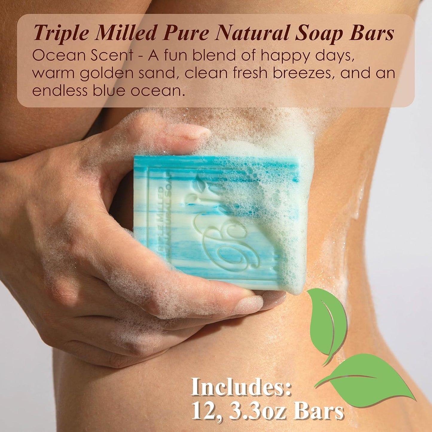 BELA Ocean Soap 3.3 OZ, Pack of 12, Long Lasting French Triple Milled Bar Soap with Organic Shea Butter, Hand Face, and Body Wash Bar, Made in Australia