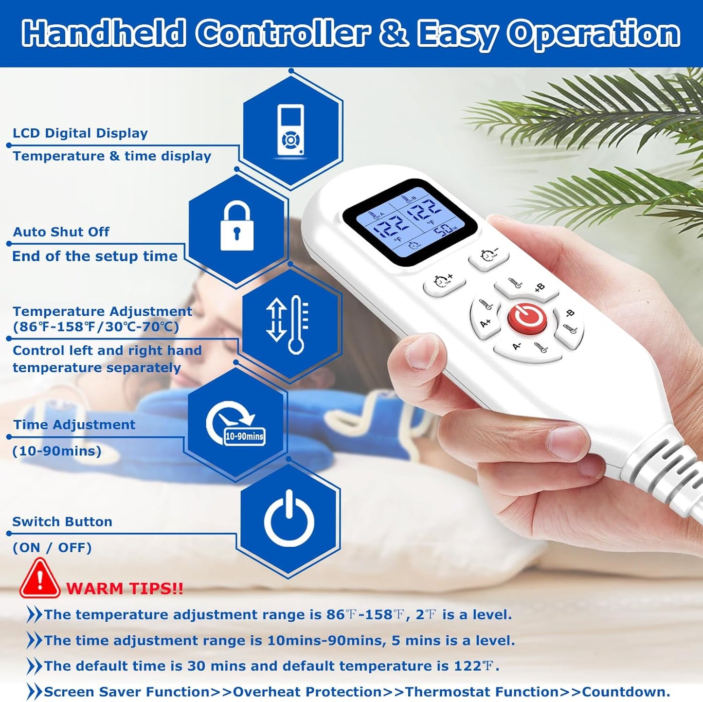 CAMECO Electric Heated Mittens for Hands & Fingers, Heating Pad & Gloves for Carpal Tunnel, Arthritis, Tendonitis Pain Relief, Auto Shut Off Heat Therapy Hands Warmers for Men Women, 86-158℉ (A Pair)