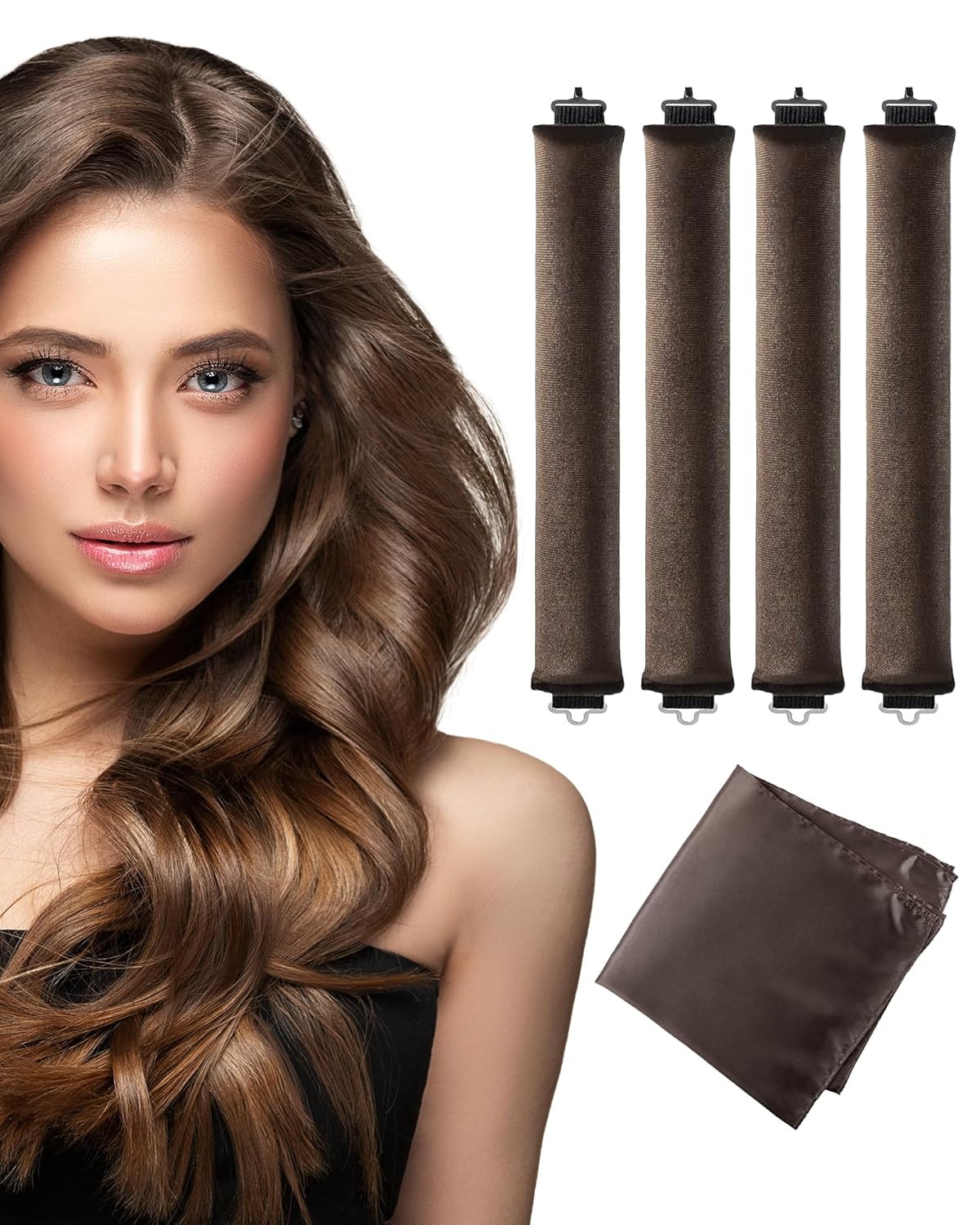 Heatless Curls Overnight Hair Curler - 4 Pcs Curling Rod to Sleep In, Velvet Hair Rollers with Satin Hair Scarf