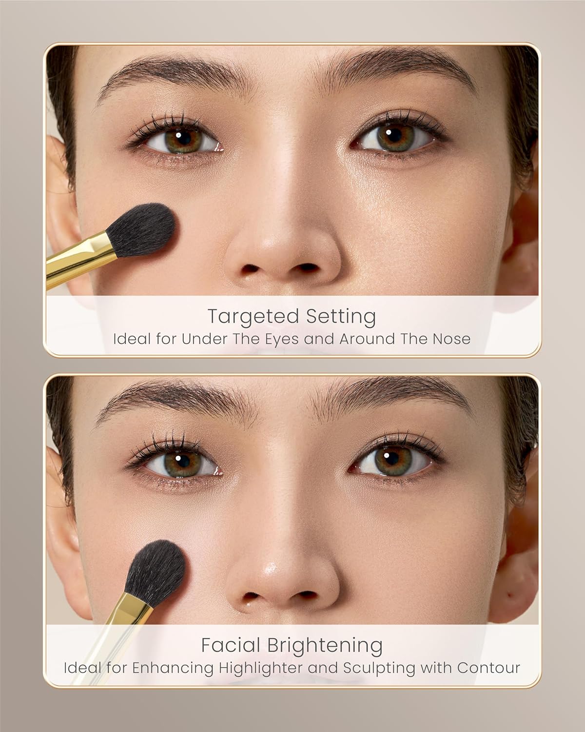 Desert Oak Series Highlighter & Setting Brush - Grade-A Fine LambsGoat Hair for Airbrushed Finish, Multi-Use for Cheeks/Nose/Under-Eyes, Ebana Handle & Brass Ferrule (CM 165)