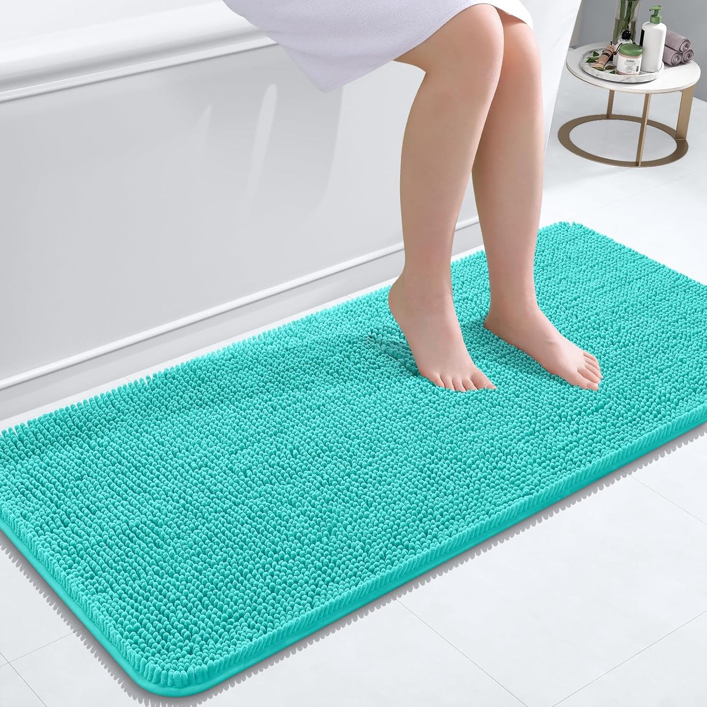 OLANLY Bathroom Rugs 47x20, Extra Soft Absorbent Chenille Bath Rugs, Rubber Backing Quick Dry, Machine Washable Bath Mats for Bathroom Floor, Tub and Shower, Home Decor Accessories, Teal