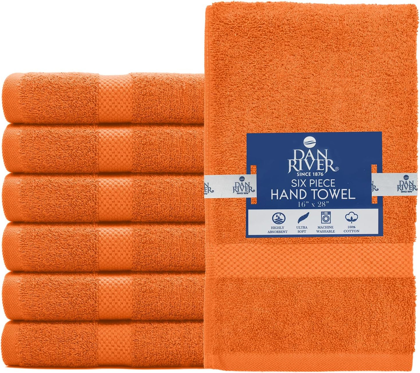 DAN RIVER 6-Pack Premium Hand Towels (16x28 Inches) - 100% Cotton, Ultra Soft, Lightweight, Highly Absorbent Towels for Bathroom, Spa, Gym, Salon, Hotel, and Travel - 550 GSM – Orange