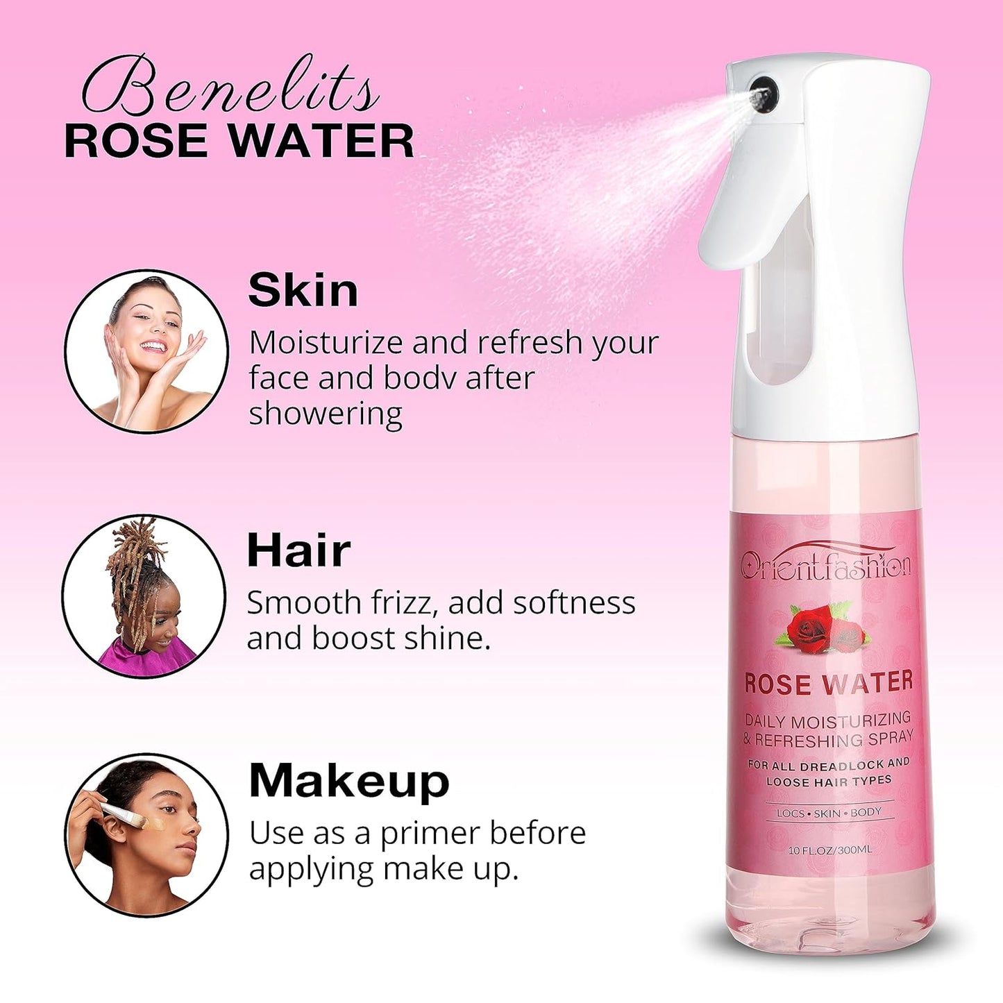 Orientfashion Moisturizing Refreshing Spray for Locs- Rose Water Hair Scalp Moisturizer, Castor Oil- Natural Loc Care and Maintenance (Rose, 10 Fl oz)