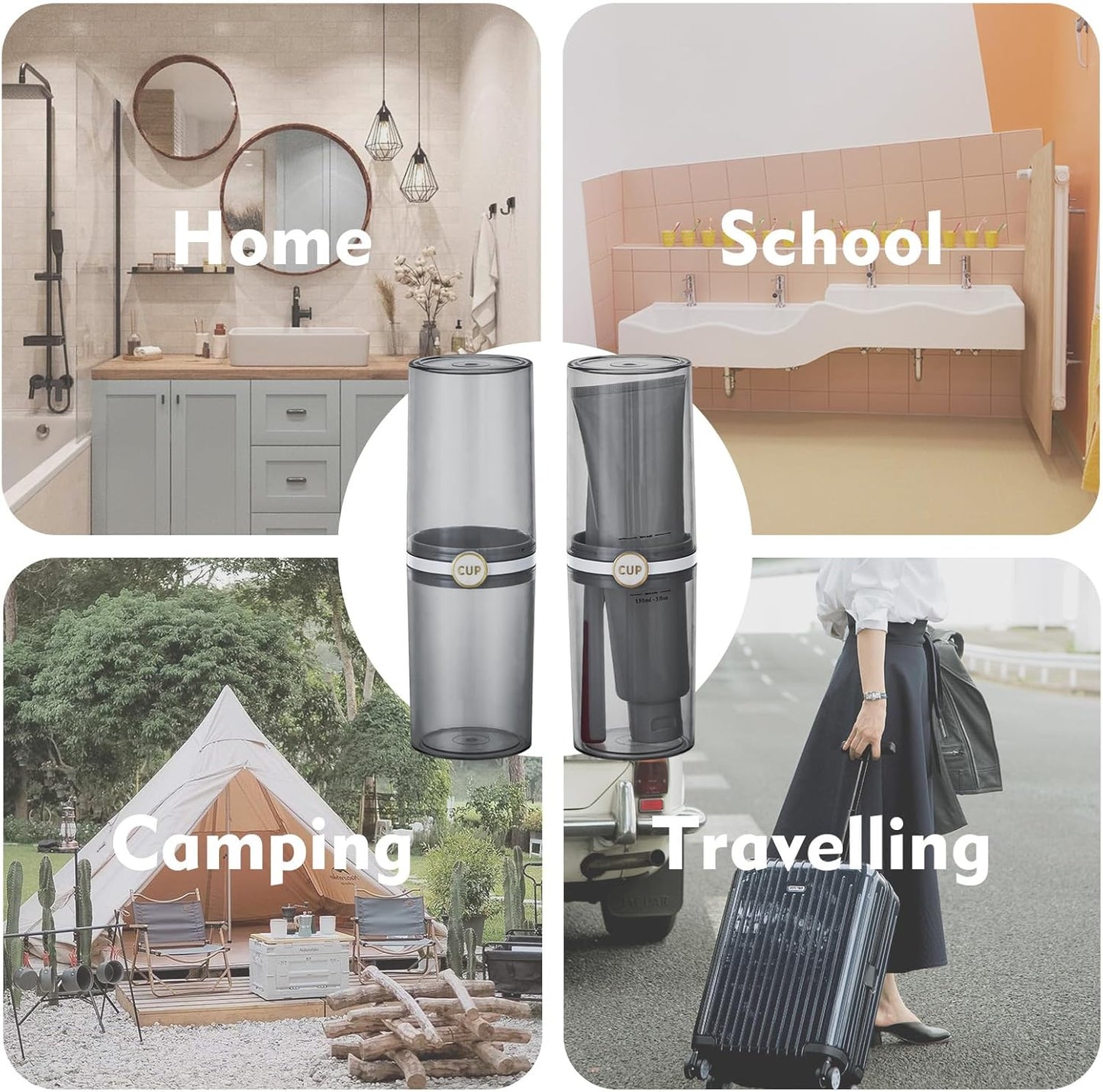 Yeeco toothbrush travel case, 2 pcs Transparent Black Portable Toothbrush Cover with Mouthwash Cup, Tooth Brushing Holder for Home School Camping Travelling, 8.1 x 2.6 inches,Clear Black