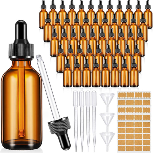 Lallisa 48 Pcs Glass Dropper Bottles with Eye Dropper Dispensers Lab Dropping Bottles with 4 Pcs Long Pipettes 4 Funnel and 80 Label for Travel Cuticle Massage Essential Oils Perfume (Amber,2 oz)
