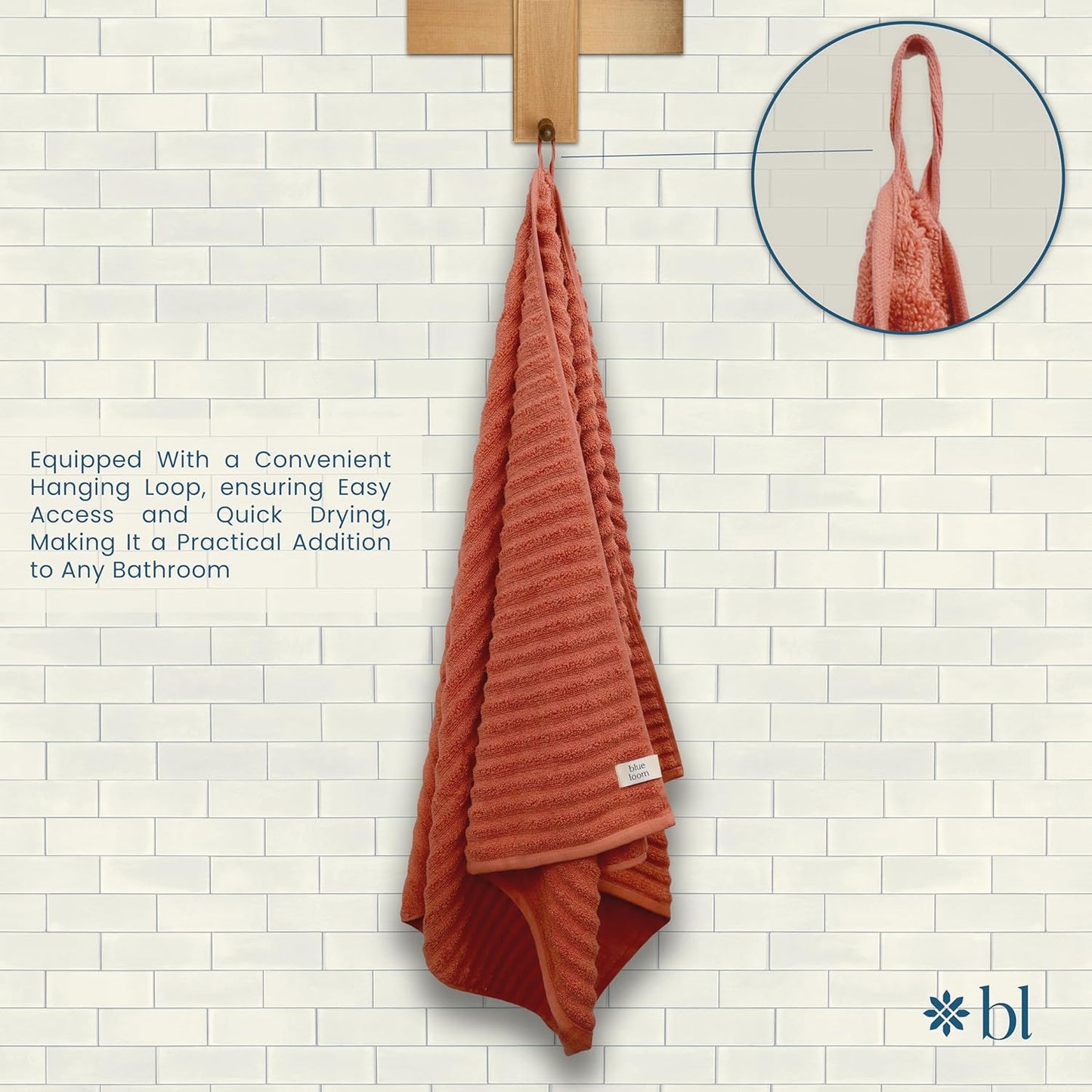 Blue Loom Ribbed Hand 2 Towels Set, 100% Cotton 600GSM, Soft Absorbent Durable Quick Drying for Bathroom - Mason 2 Piece 18" x 30" - Terracotta