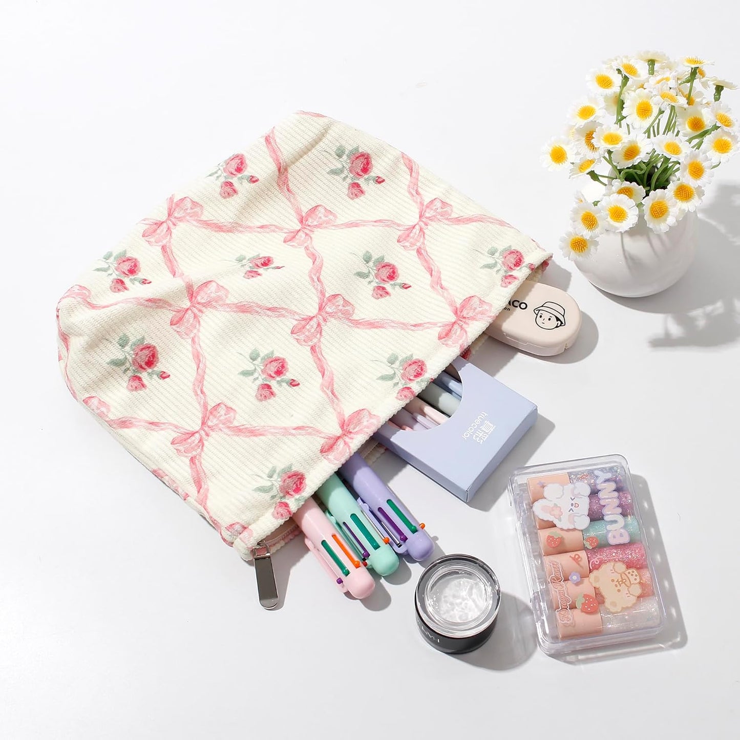 Cosmetic Bags for Women - Corduroy Cosmetic Bag Aesthetic Women Handbags Purses Smile Dots Makeup Organizer Storage Makeup Bag Girls Case Bags (Flowers-Pink)