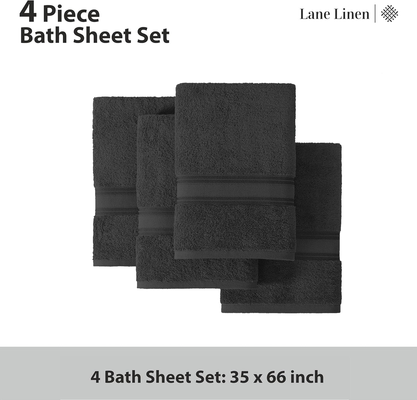 LANE LINEN Large Cotton Bath Sheets, Extra Large Quick Dry Towels, Zero Twist, 4 Piece Set, Super Soft, Highly Absorbent, Black