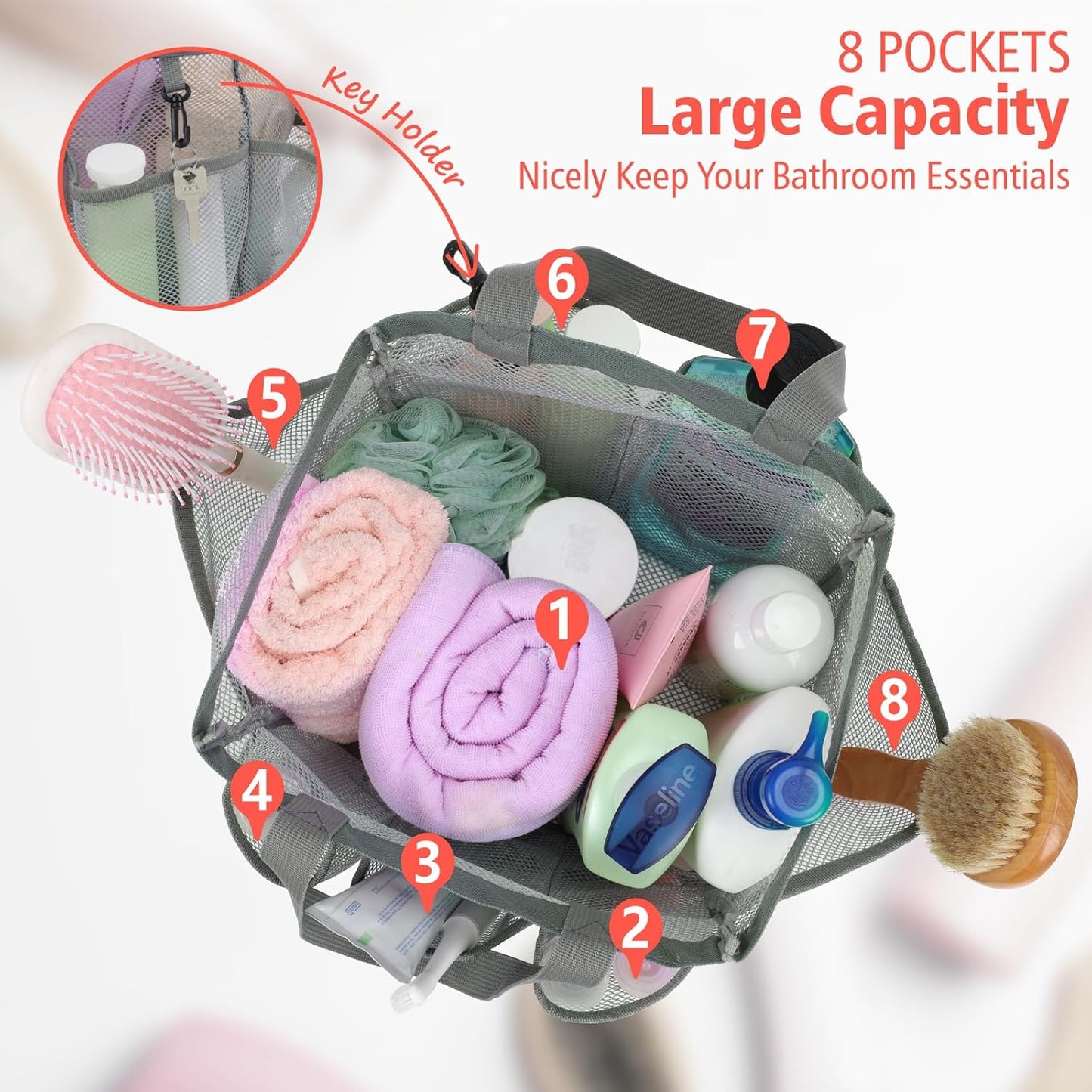 F-color Mesh Shower Caddy Portable, Upgrade Deeper 7 Pockets Shower Bag Basket Tote for College Dorm Room Toiletry Bathroom Essentials Gym Camp Quick Dry 2 handles with S Hook, Grey