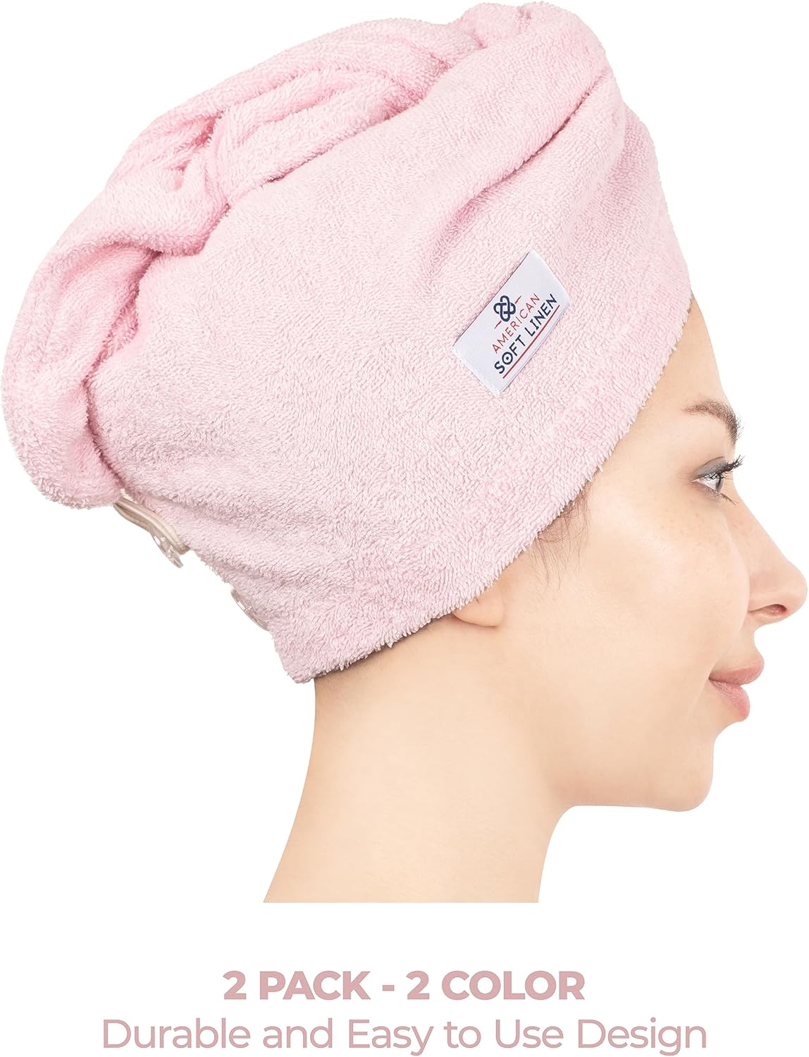 American Soft Linen 100% Cotton Head Towel Cap, Women's Anti Frizz Hair Wrap, Absorbent Cotton Towels 2 Pack, Light Grey-Pink