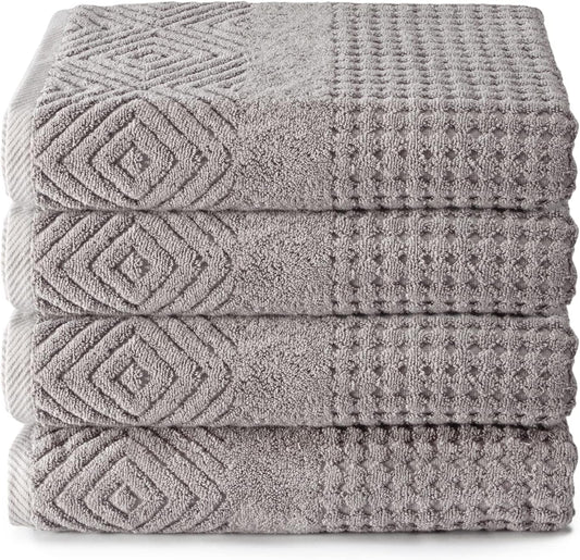 Texere 100% Organic Cotton Diamond Jacquard 700 GSM Luxury Bath Towel Sets - Ultra Soft and Absorbent Hotel and Spa Quality (Diamond, Cathedral Gray, 4 Bath Towels)
