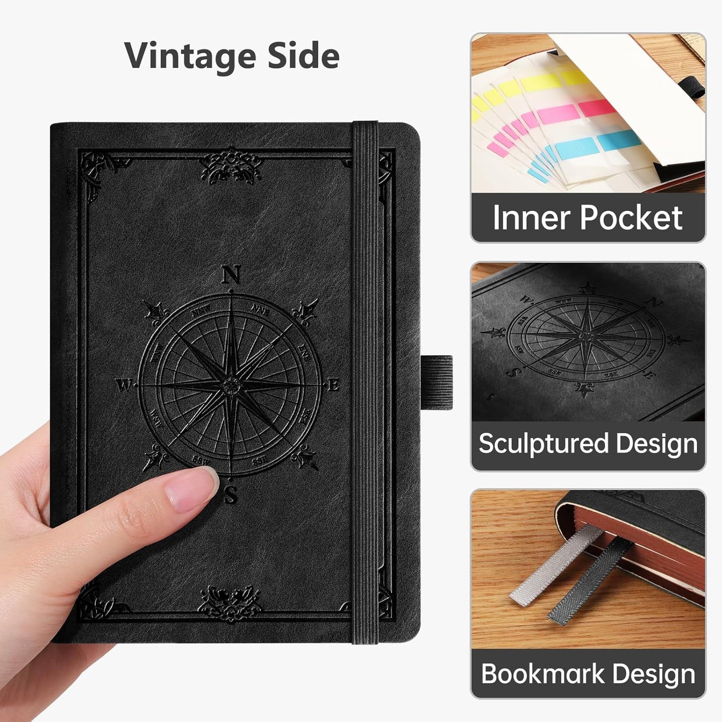 AHGXG Small Blank Pocket Journal Notebook for Men - 256 Numbered Pages B6 Mini Journal, Vintage Soft Leather Hardcover, 80gsm Paper, for Women Work Office School, 4.1'' X 5.7''- Black