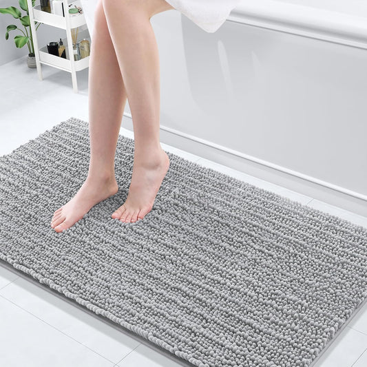 Arotive Luxury Chenille Bathroom Rug Mat, Extra Soft Thick Absorbent Shaggy Bath Rugs, Non-Slip Machine Wash Dry, Plush Bath Mats for Bathroom, Shower and Tub, 60x24, Light Grey