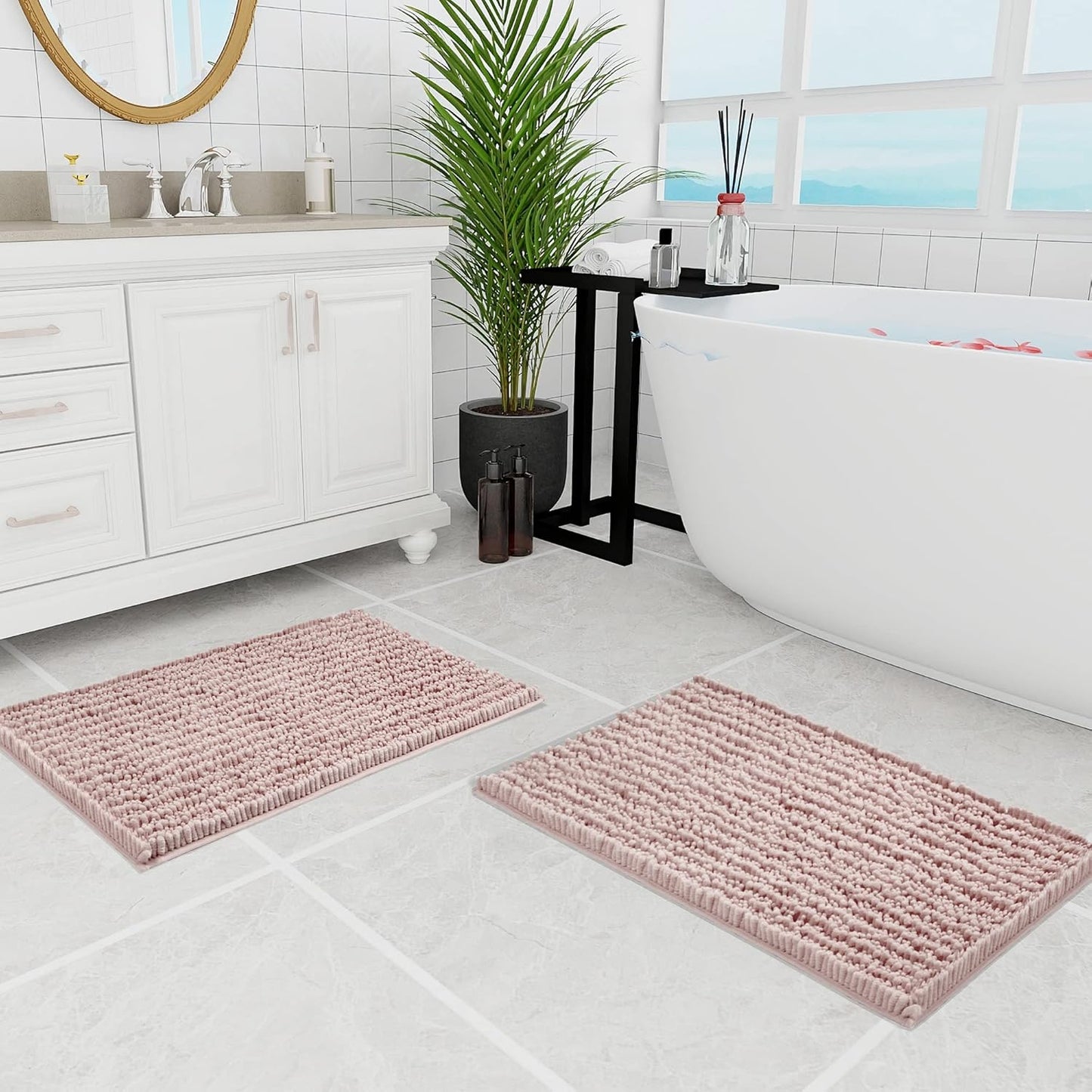 Walensee Bathroom Rug 2 Pieces Set Non Slip Bath Mat (20"x32" Plus 20"x32" Dusty Pink) Water Absorbent Super Soft Shaggy Chenille Machine Washable Dry Extra Thick Perfect Carpet for Shower Floor