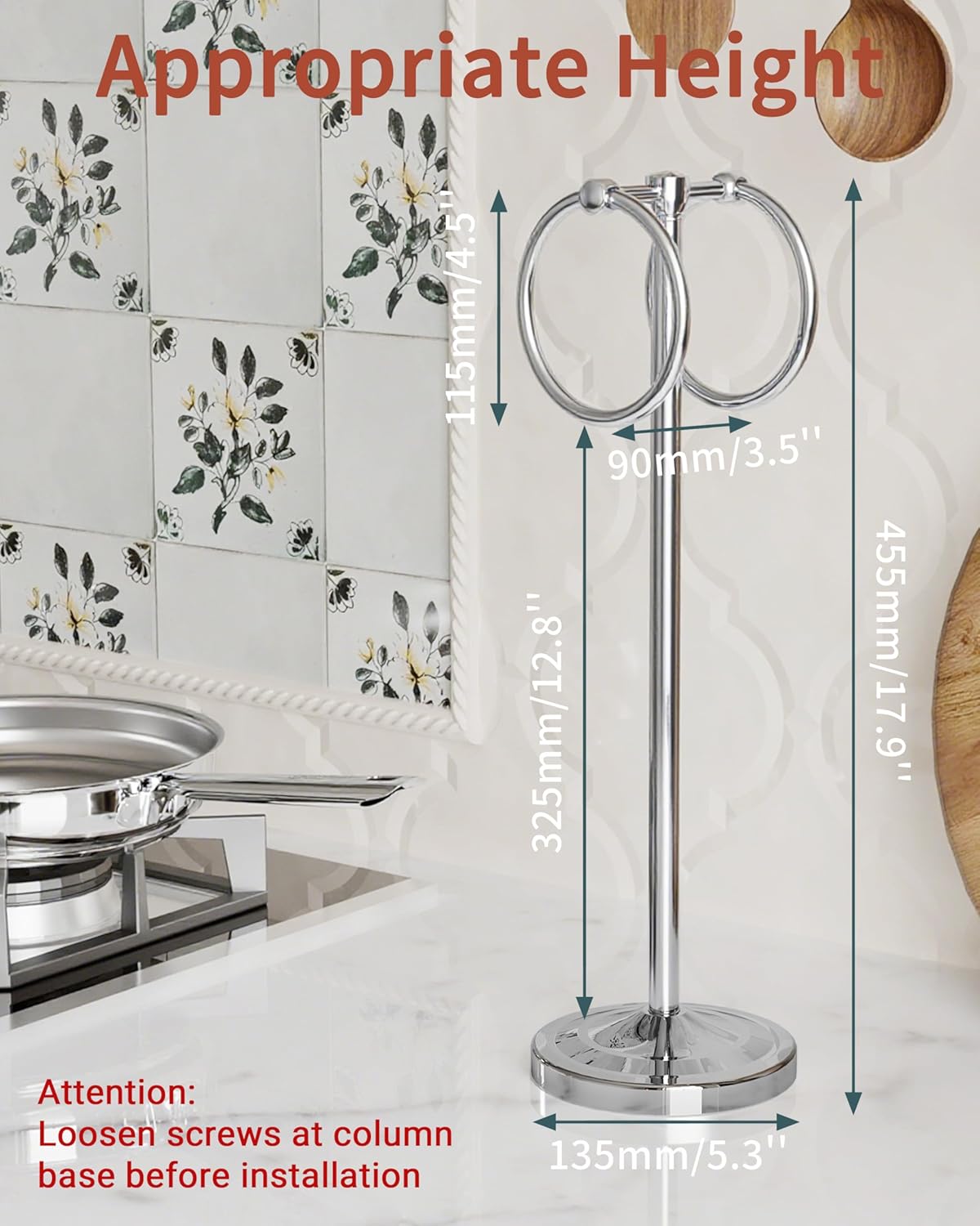 Hand Towel Holder Stand, SUS304 Stainless Steel Weighted Hand Towel Stand for Bathroom Kitchen Countertop Towel Stand with Double Stand Hand Towel Ring Total Height 18"(Chrome)