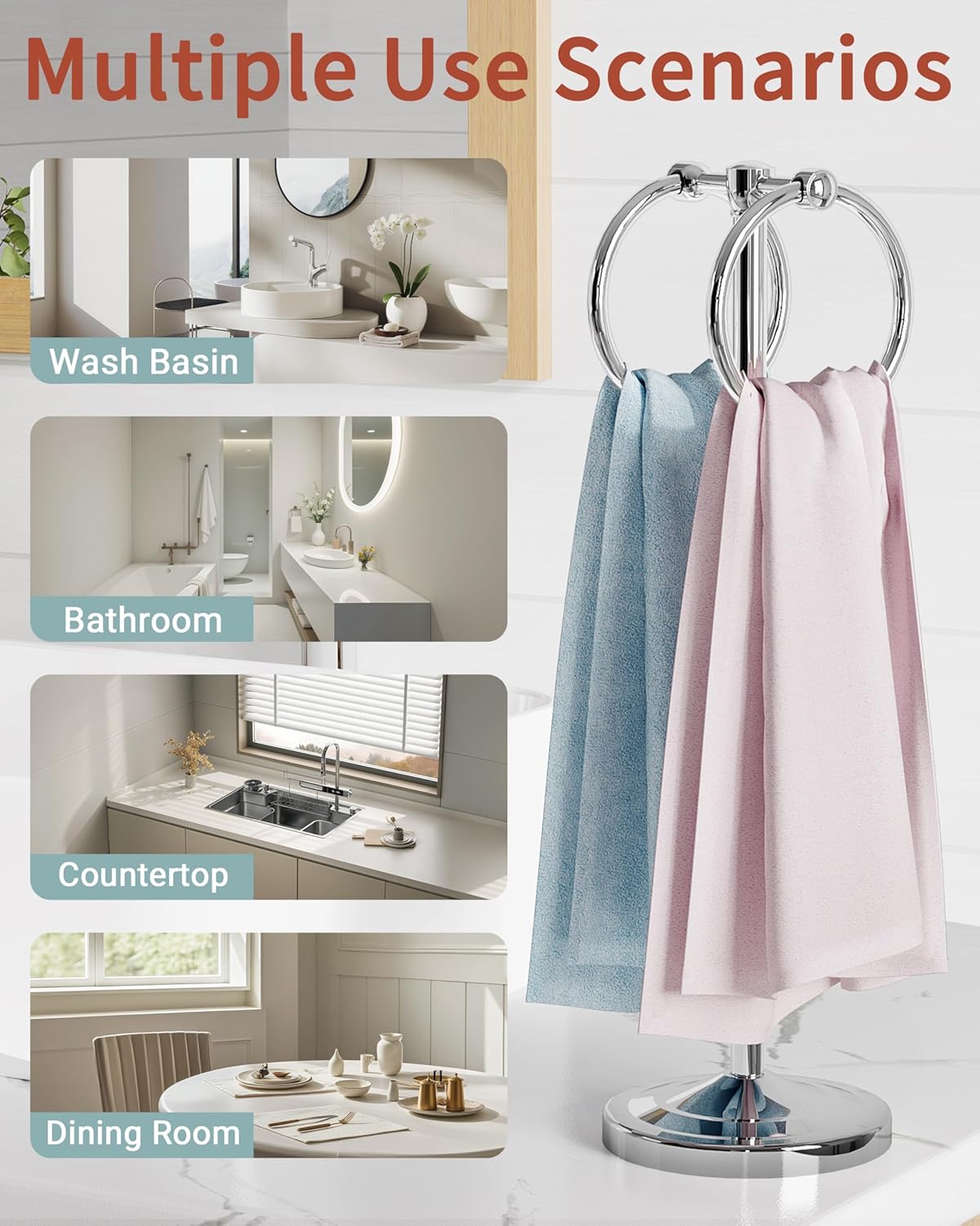 Hand Towel Holder Stand, SUS304 Stainless Steel Weighted Hand Towel Stand for Bathroom Kitchen Countertop Towel Stand with Double Stand Hand Towel Ring Total Height 18"(Chrome)