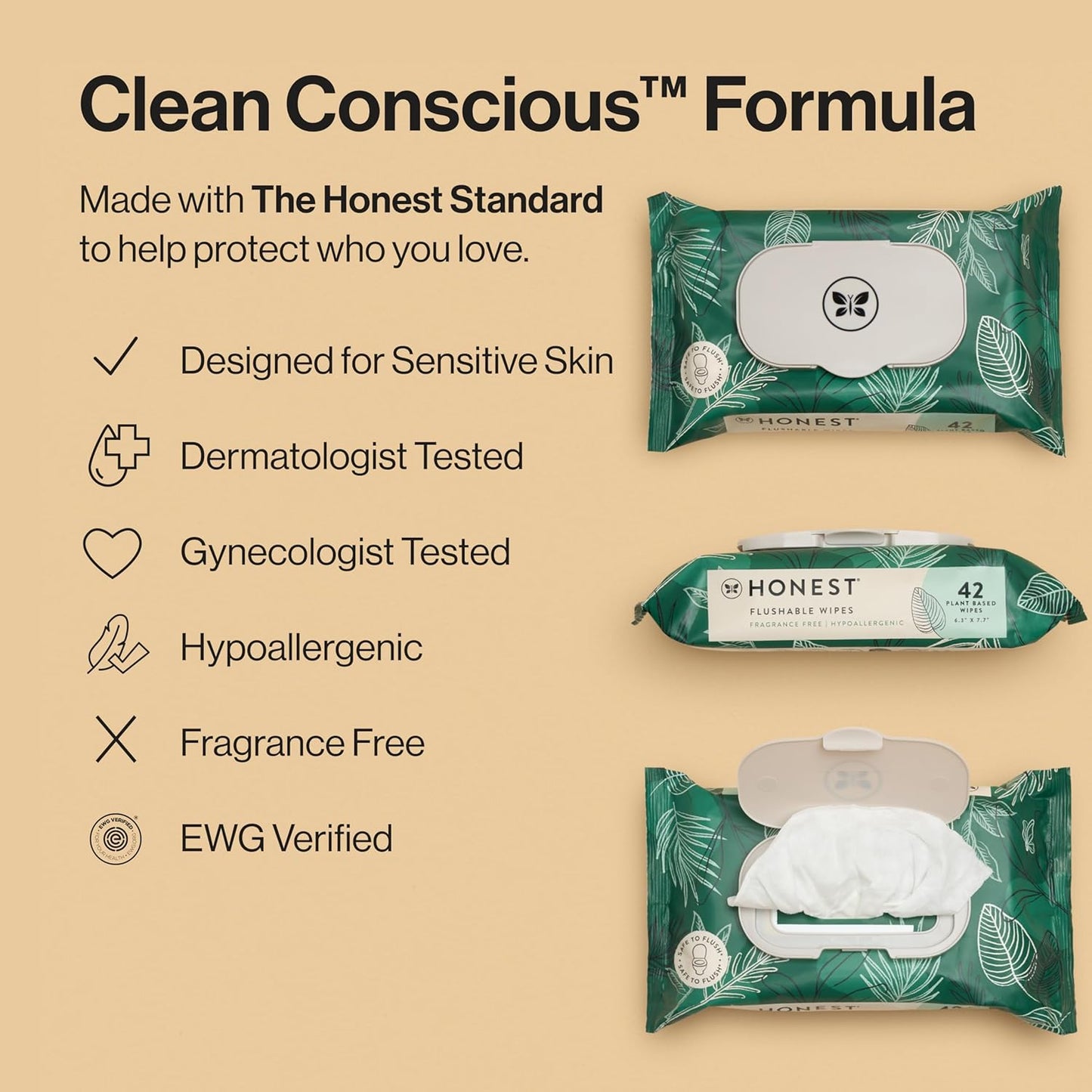 The Honest Company Flushable Wipes for Sensitive Skin | Fragrance Free, Hypoallergenic, 99% Water, Safe to Flush | pH Balanced Feminine Wipes | Tropical Leaves, 126 Count
