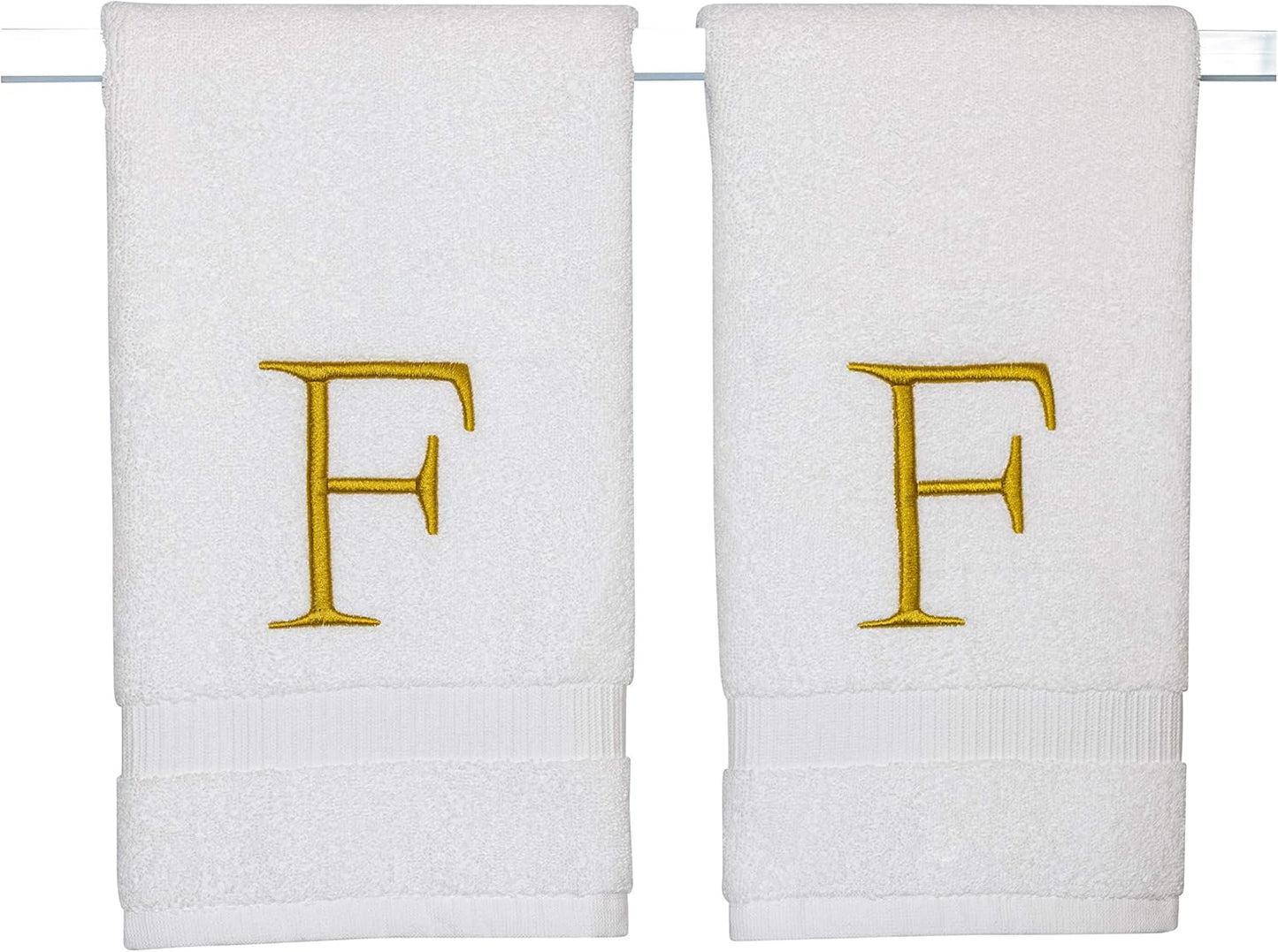 Monogrammed Hand Towels for Bathroom - Luxury Hotel Quality Personalized Initial Decorative Embroidered Bath Towel for Powder Room, Spa - GOTS Organic Certified - Set of 2 Gold Letter F