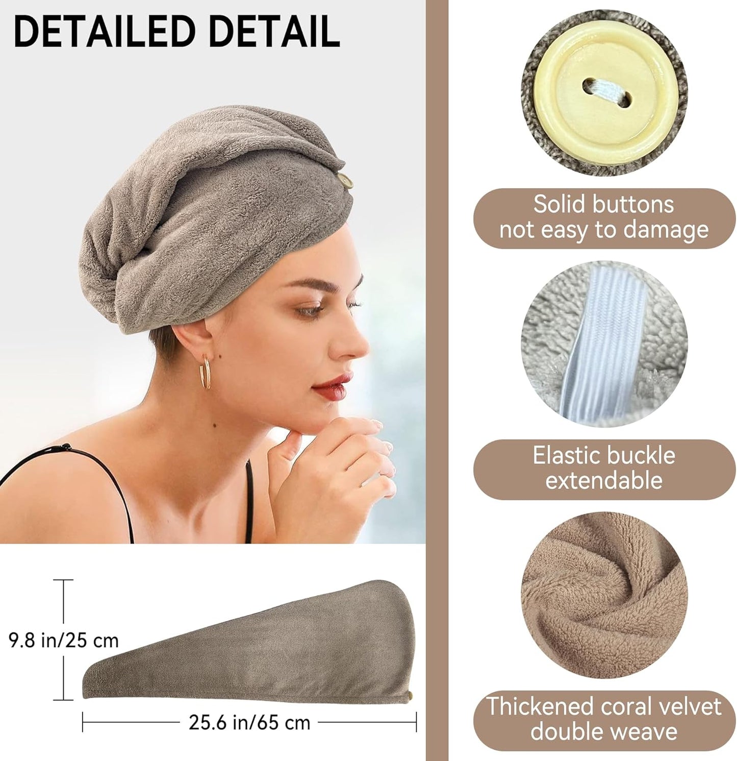 2 Pack Microfiber Hair Towel,Quick Dry Hair Towel Turbie Wrap for Women Kids,Super Absorbent Fast Head Wraps Drying Towel with Button for Wet Curly Hair(Coffee 25.6x9.8 Inch)
