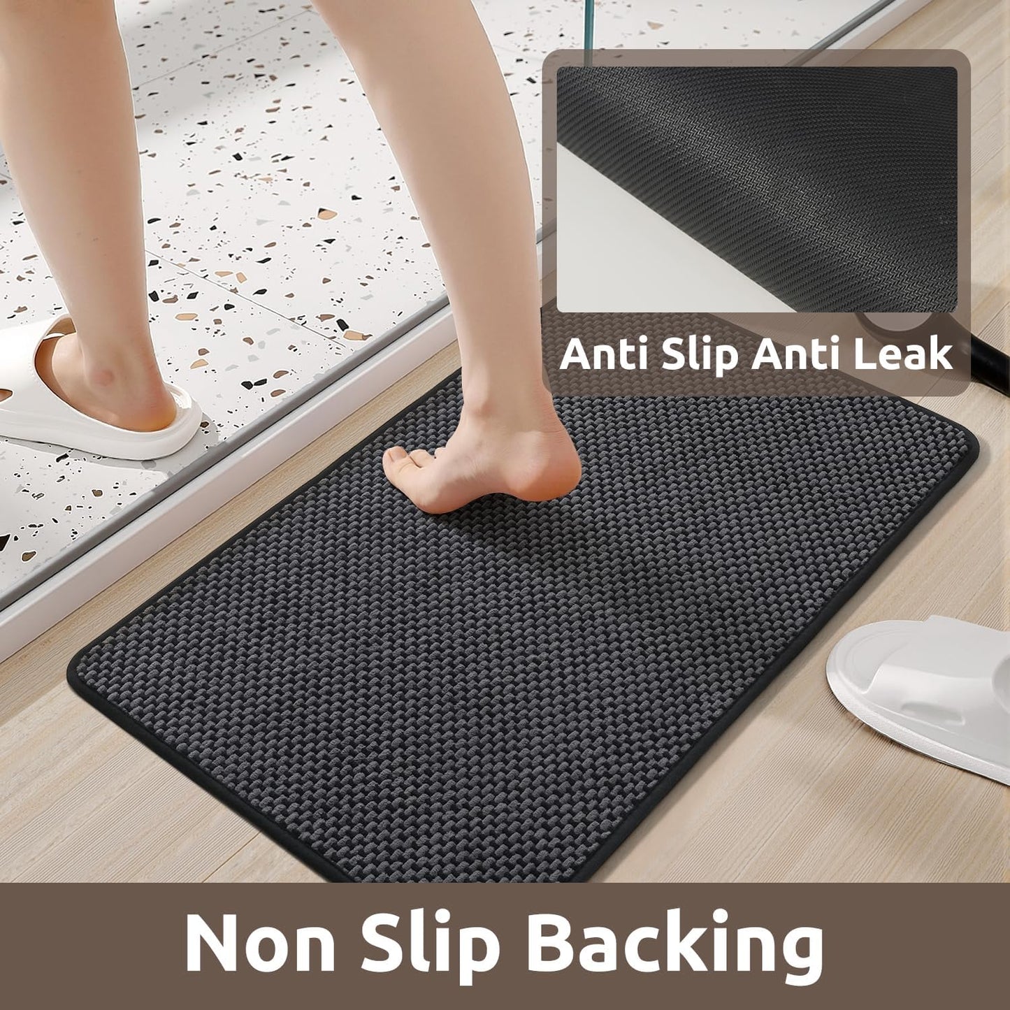 AMOAMI Chenille Bath Mat Super Absorbent Bathroom Mat Quick Dry Low Pile Bath Mats for Bathroom Washable Rubber Backed Bathroom Runners Fit Under Door, Front of Bathtub, Sink, Darkgrey&Black 24"x48"