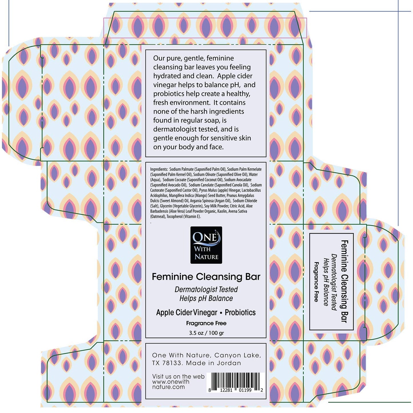 One With Nature Feminine Cleansing Bar 3Pack 3.5oz Fragrance-Free Soap Bar, Dermatologist Tested, Probiotics, Apple Cider Vinegar, Omega Fatty Acids, Oatmeal, Gentle Cleanser for Face, Body