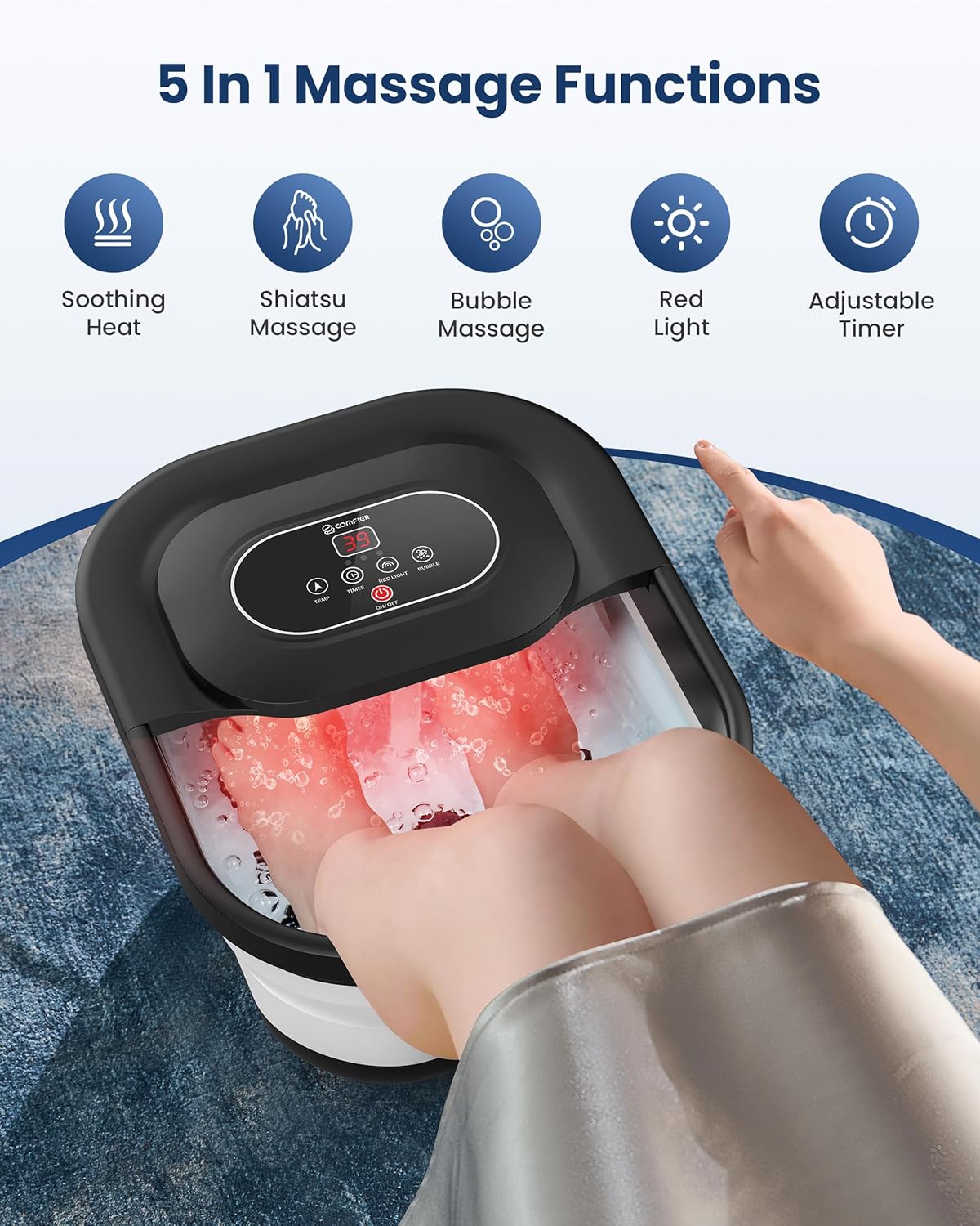 COMFIER Collapsible Foot Spa Bath Massager with Heat, Pedicure Foot Spa with Bubbles, Red Light, Pumice Stone and Shiatsu Massage Rollers, Heated Bath Spa for Relaxation and Stress Relief (Black)