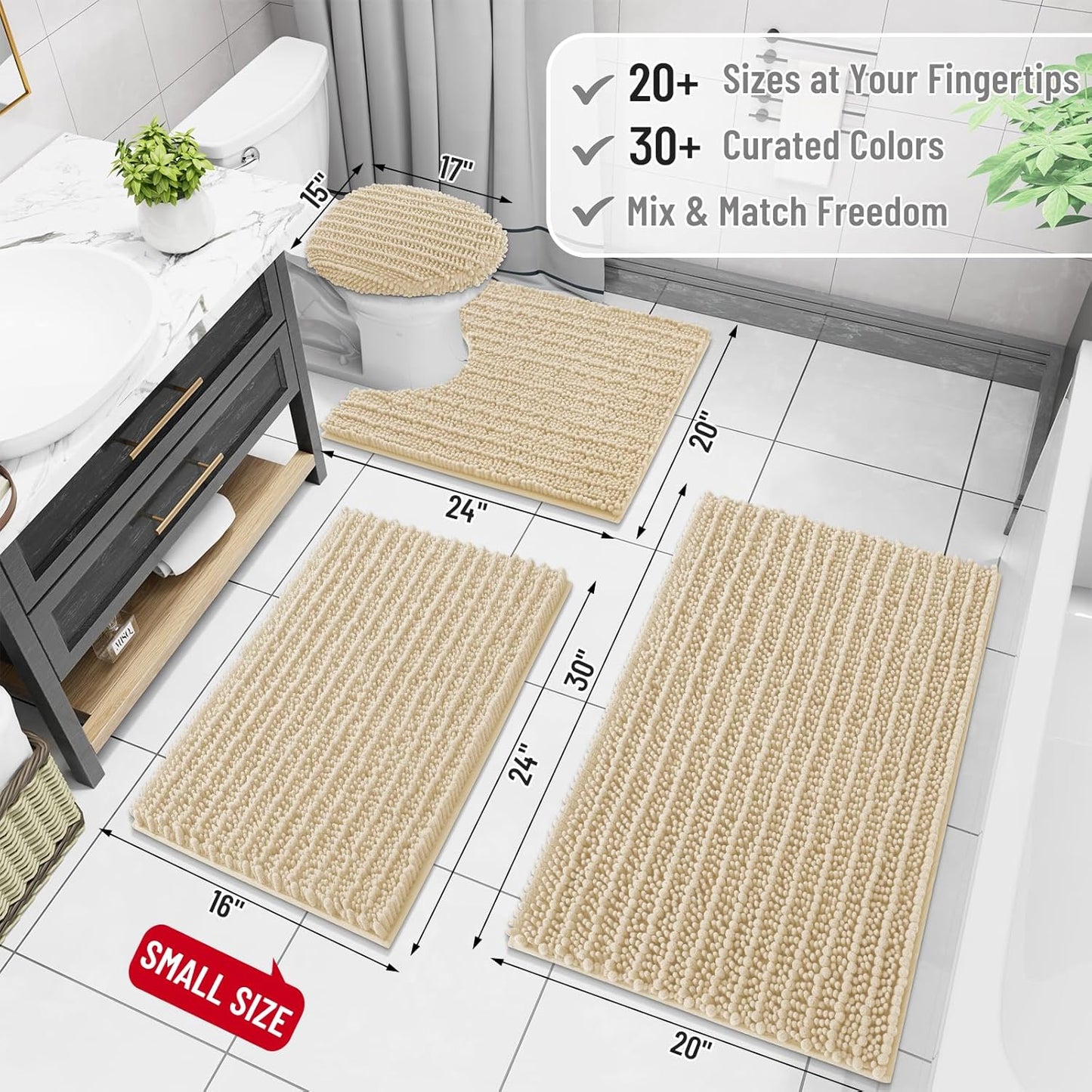 Arotive Luxury Chenille Bathroom Rug Mat, Extra Soft Thick Absorbent Shaggy Bath Rugs, Non-Slip Machine Wash Dry, Plush Bath Mats for Bathroom, Shower and Tub, 34x21, Cream Beige