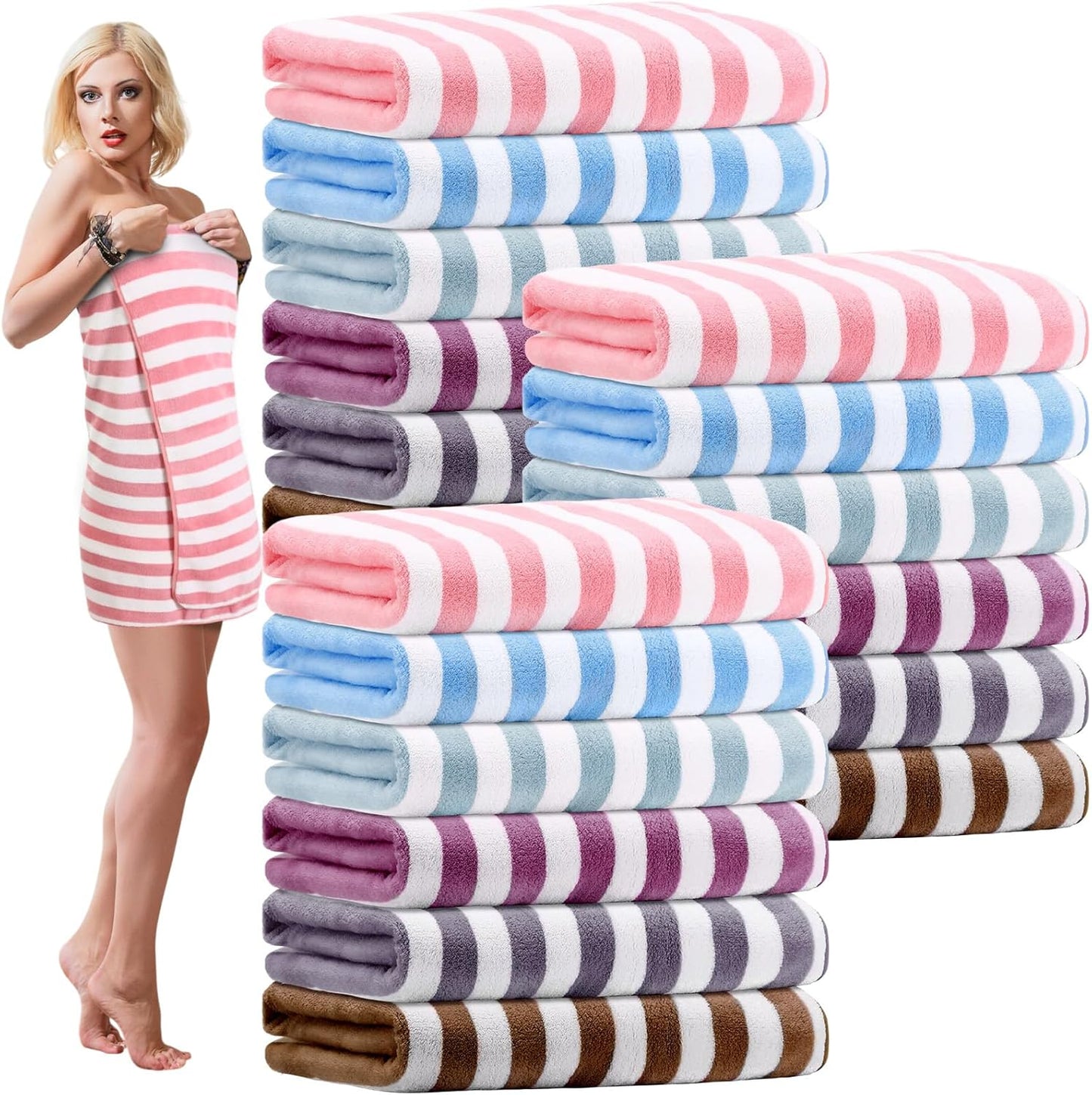 18 Pack Microfiber Bath Towels Bulk 27'' x 60'' Oversized Size Bath Towel Highly Absorbent Extra Large Soft Drying for Shower Beach Salon Winter Sport Spa Gym (Stripes,Multicolor)