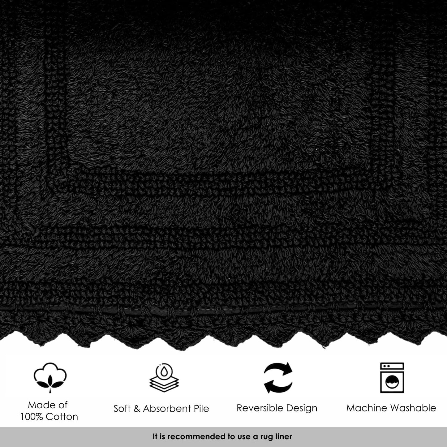 RAJRANG Black Cotton Bath Mat | 24 Inch Square Reversible Rug with Crochet Pattern for Bathroom, Spa, or Kitchen | Soft, Absorbent, Woven Boho Washable Floor Mat