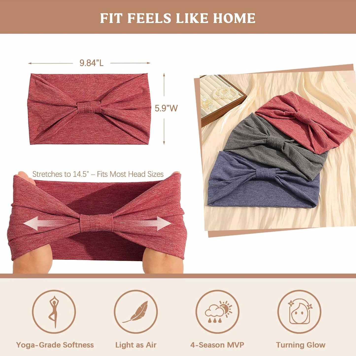 Wide Headbands for Women Knotted No Slip Head Bands Soft Turban Headband Hair Accessories Boho African Solid Color Head Wraps for Women Yoga Workout Pack of 6