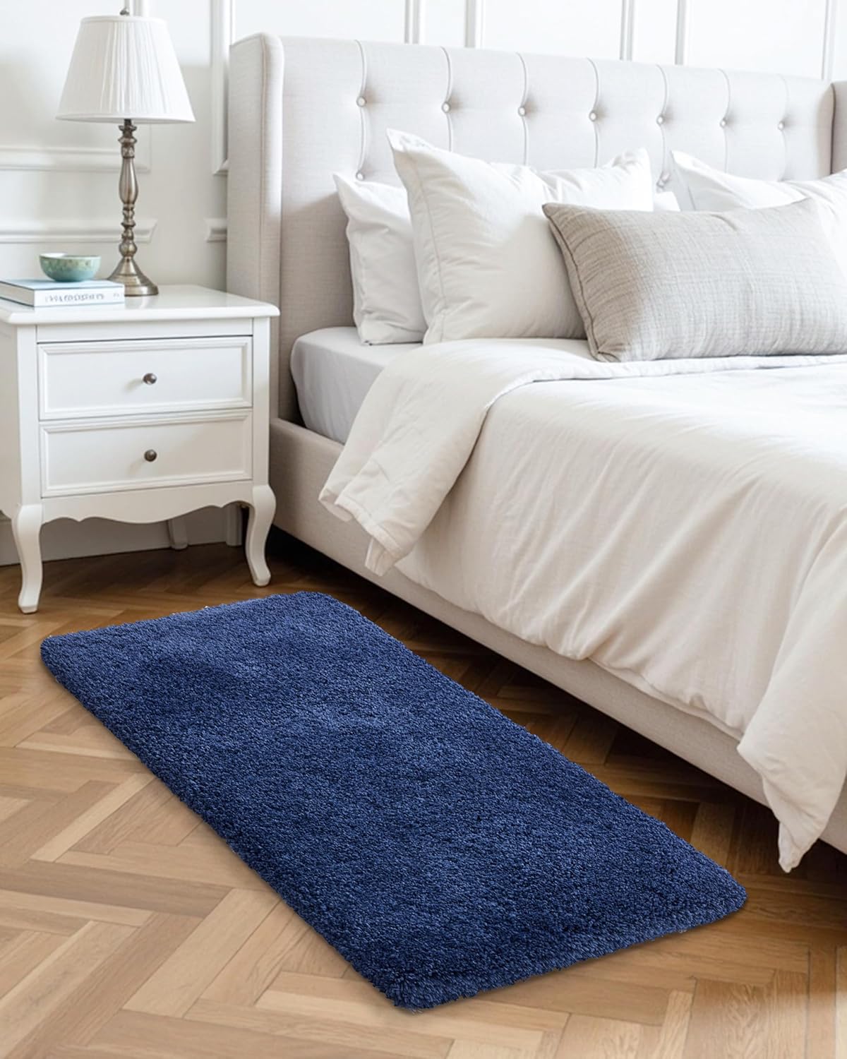 ILANGO Navy Blue Bathroom Rugs 48" × 24" Non Slip & Super Absorbent Extra Thick Soft, Washable Bath Mat for Floor, Microfiber Plush Shaggy Bath Rug with Rubber for Bathtub Shower Room Sink