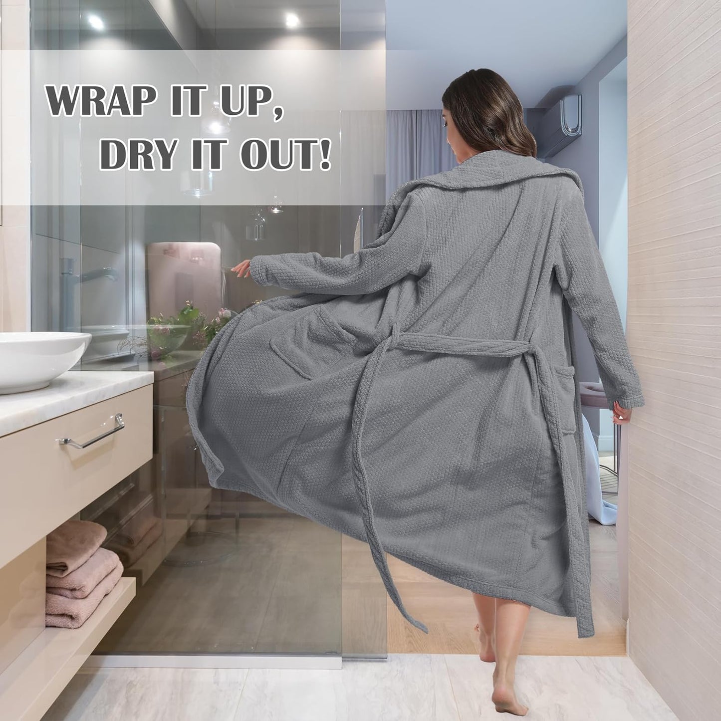 Women's Shawl Collar Bathrobe, Soft Long Towel Robes for Women - Super Absorbent Quick Dry yet Warm