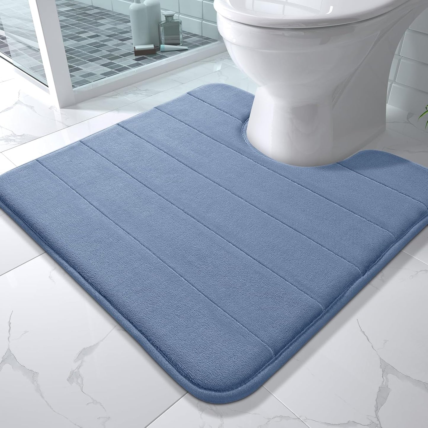 Yimobra Memory Foam Toilet Bath Mat U-Shaped, Soft and Comfortable, Super Water Absorption, Non-Slip, Thick, Machine Wash and Easier to Dry for Bathroom Commode Contour Rug, 24 X 24 Inches, Denim Blue