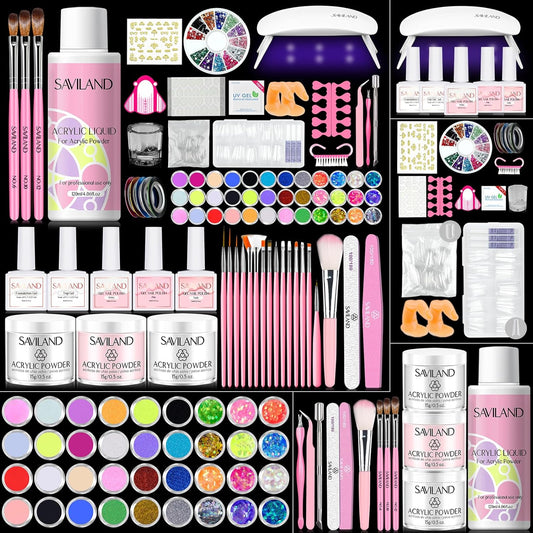 SAVILAND Acrylic Nail Kit with Everything: Professional Nails Kit Acrylic Set for Beginner Acrylic Powder Acrylic Liquid Gel Polish Kit U V Light Acrylic Nail Set Full Acrylic Nail Supplies Home Salon