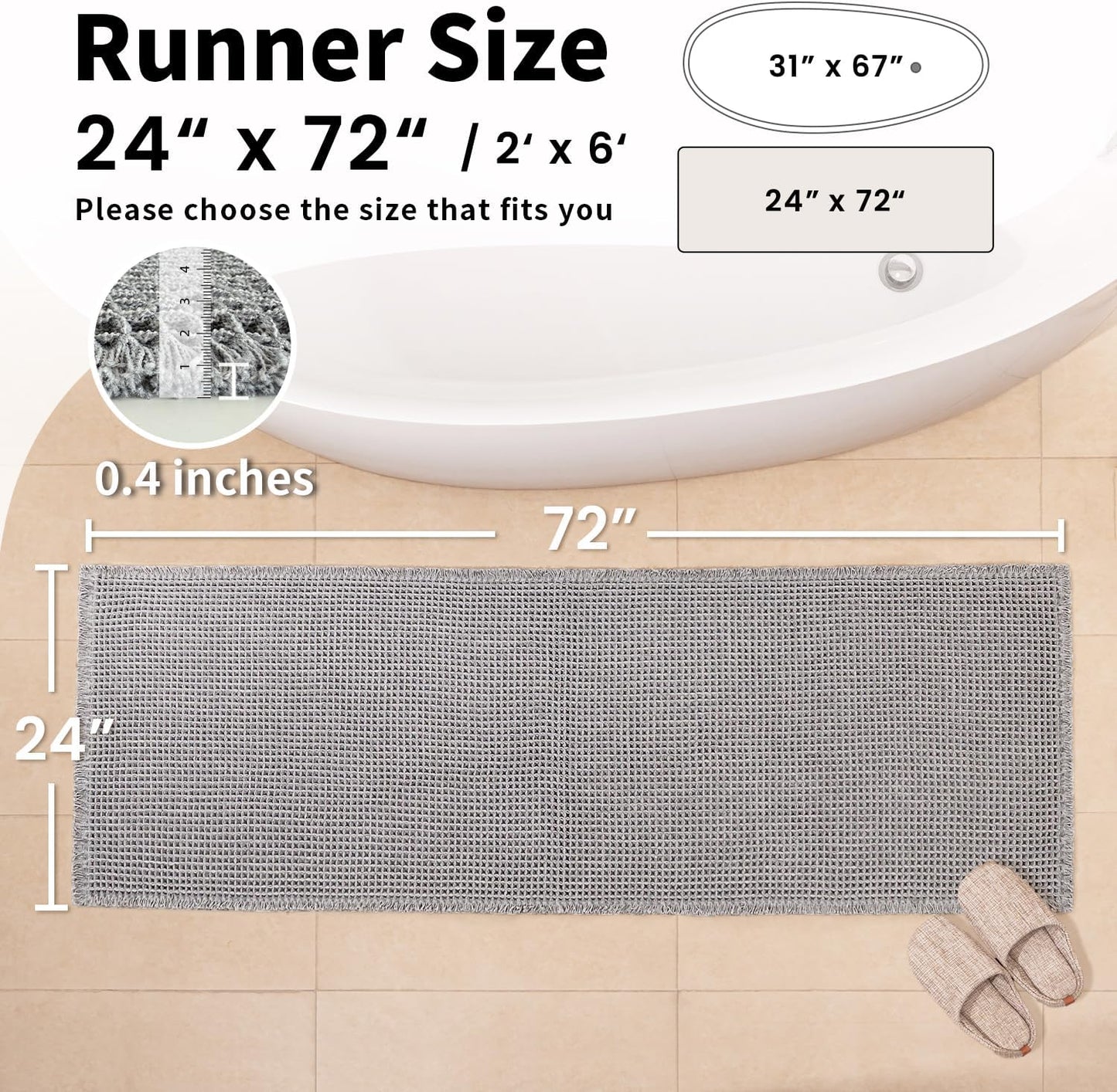 Waffle Runner Bath Mat - Long Boho Bathroom Rugs Non Slip Washable, Super Absorbent & Quick Dry, Soft Bath Mat Farmhouse Bathroom Decor, 24'' x 72'', Light Grey