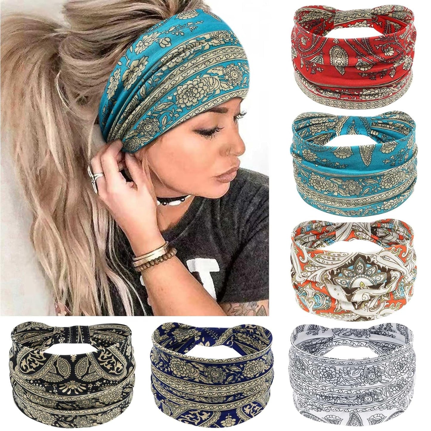 Wide Headbands for Women Knotted No Slip Head Bands Soft Turban Headband Hair Accessories Boho African Solid Color Head Wraps for Women Yoga Workout Pack of 6