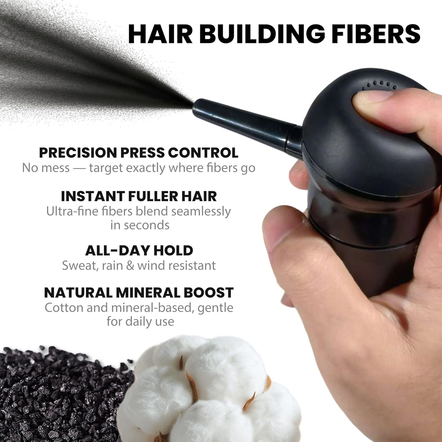 2PCS Hair Fibers for Thinning Hair, Hair Building Fibers Powder Set, Instant Coverage Bald Spots Hair Loss for Men & Women with Spray Applicator (Black, 15g*2)