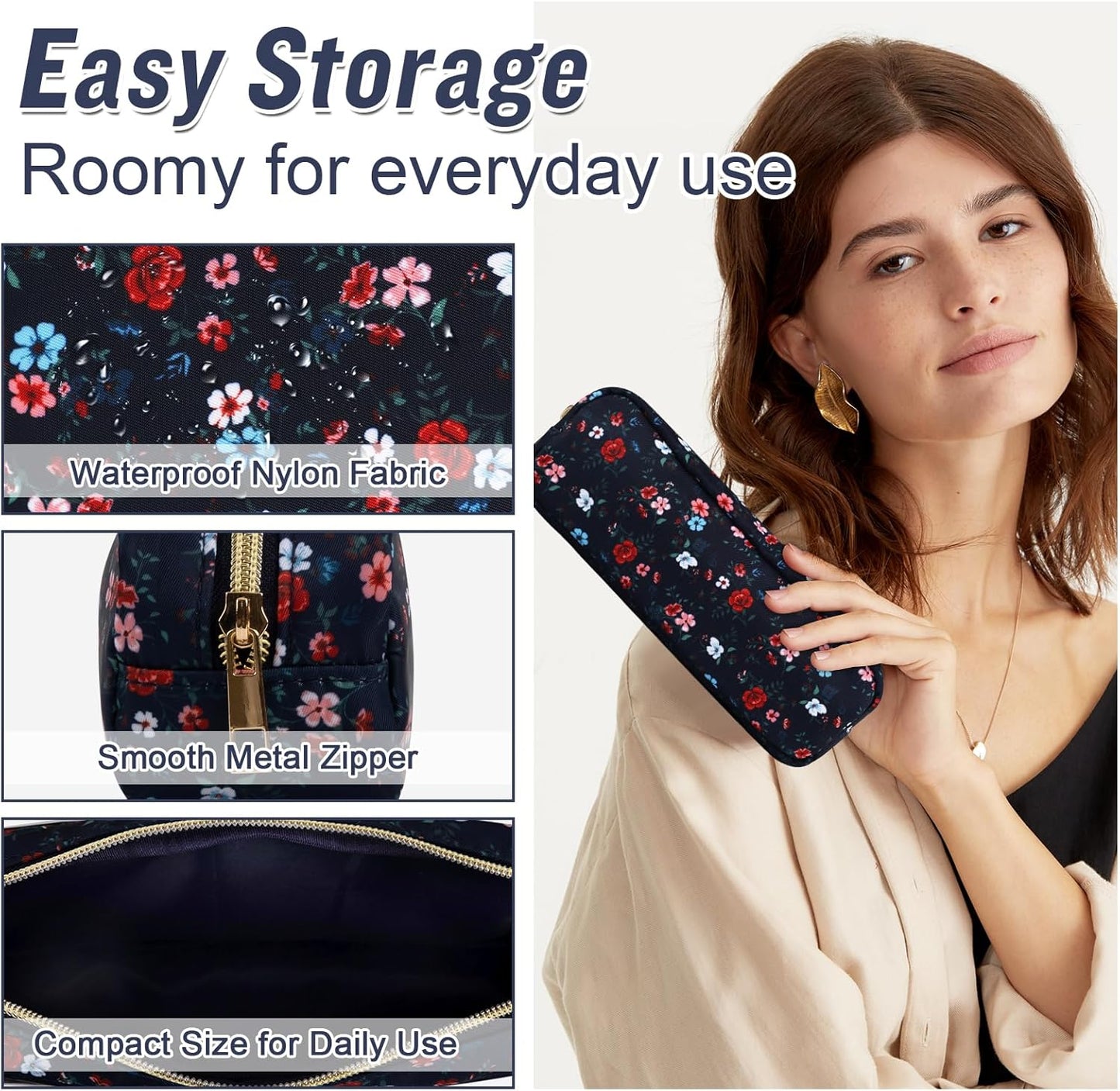 Nylon Small Floral Makeup Bag Slim Pouch, Preppy Cute Travel Makeup Brush Case Cosmetic Zipper Pouch for Purse, Waterproof Toiletry Bag Makeup Organizer Travel Essentials for Women(Navy Blue-Flower)