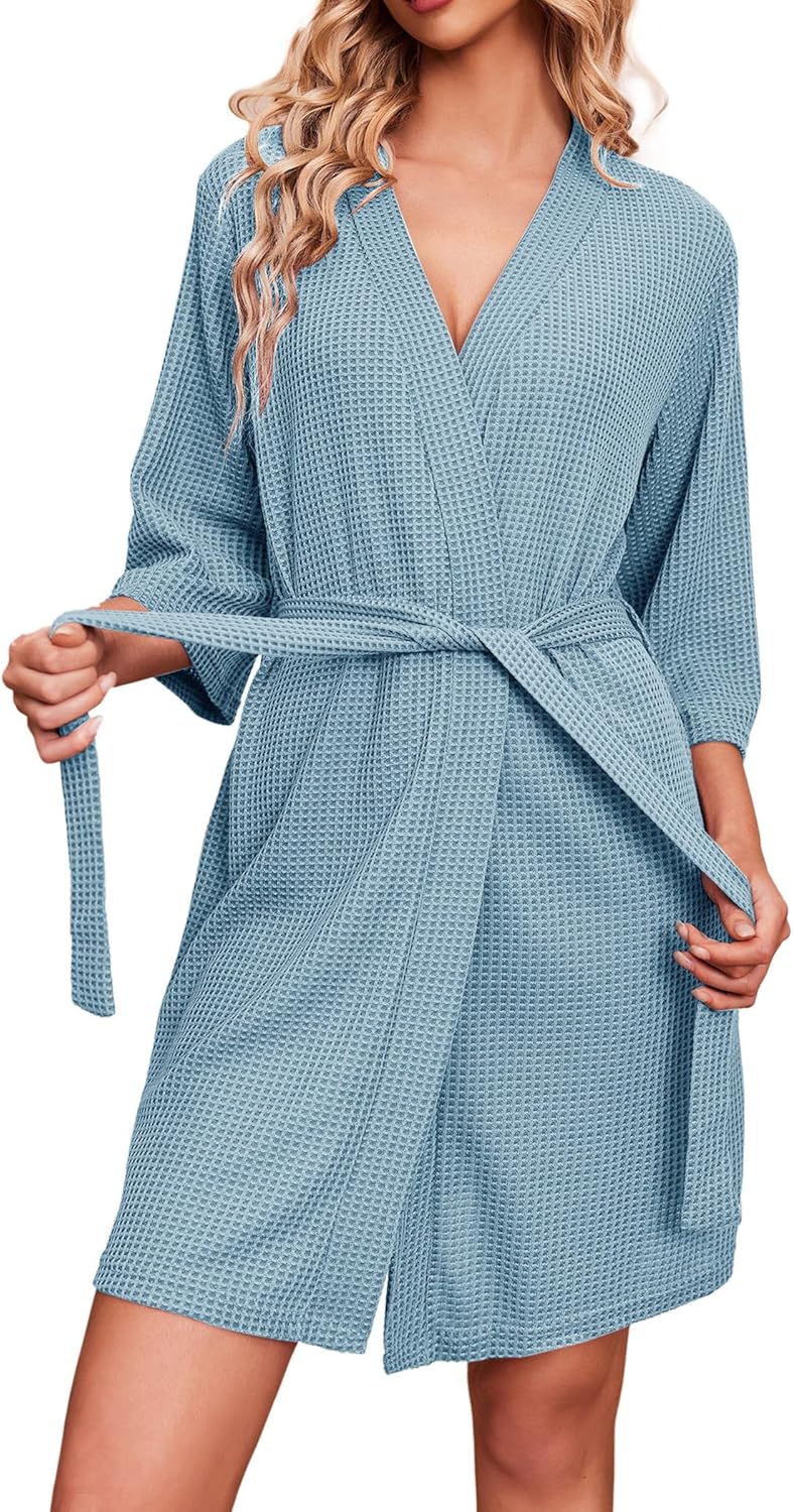 Ekouaer Robes for Women Waffle Knit Bathrobe Soft Lightweight Knee Length Loungewear S-XXL
