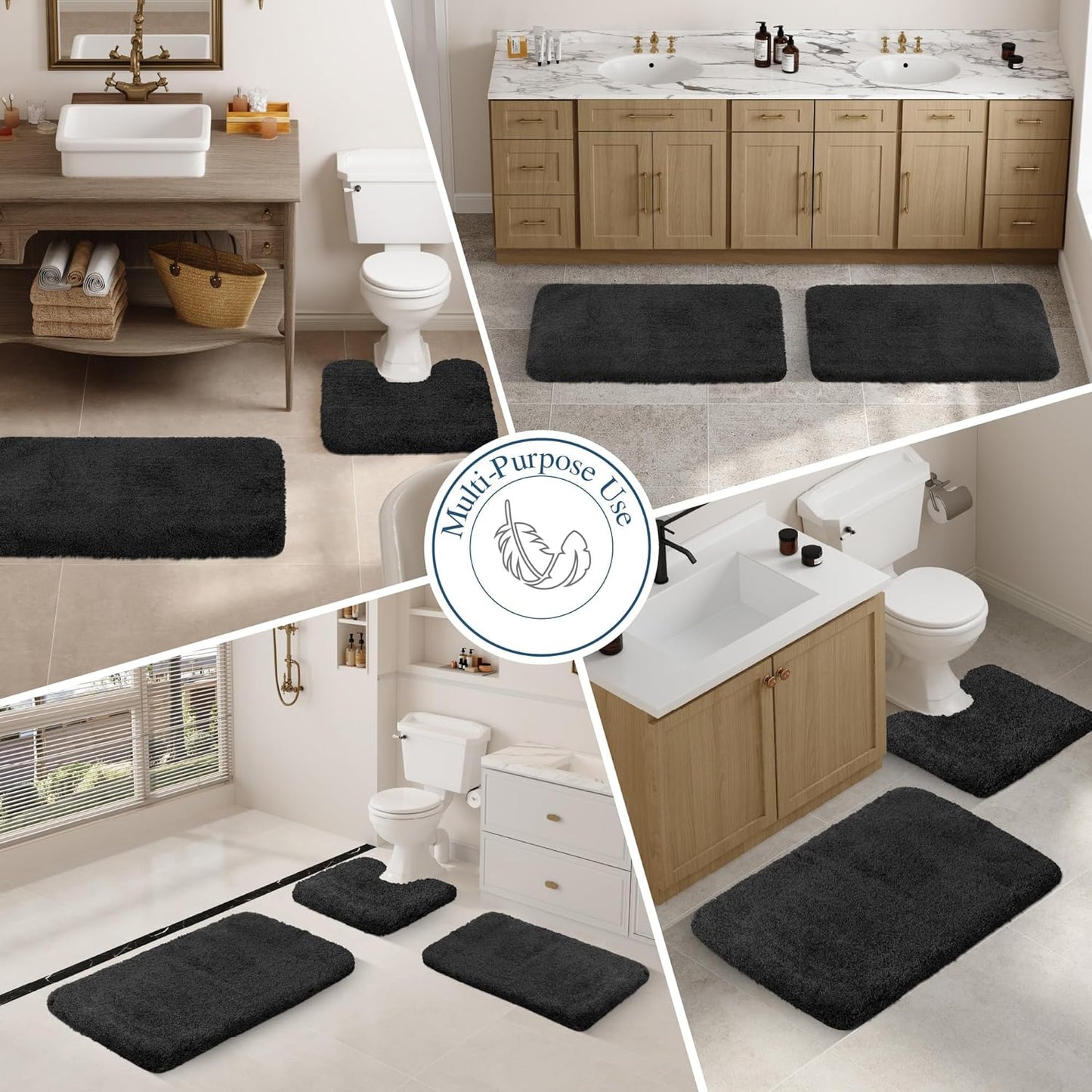 Walensee Bath Rug for Non-Slip Bath Mat (20 x 32, Black) Water Absorbent Soft Microfiber Shaggy Rug Machine Washable Thick Plush Shower Mat