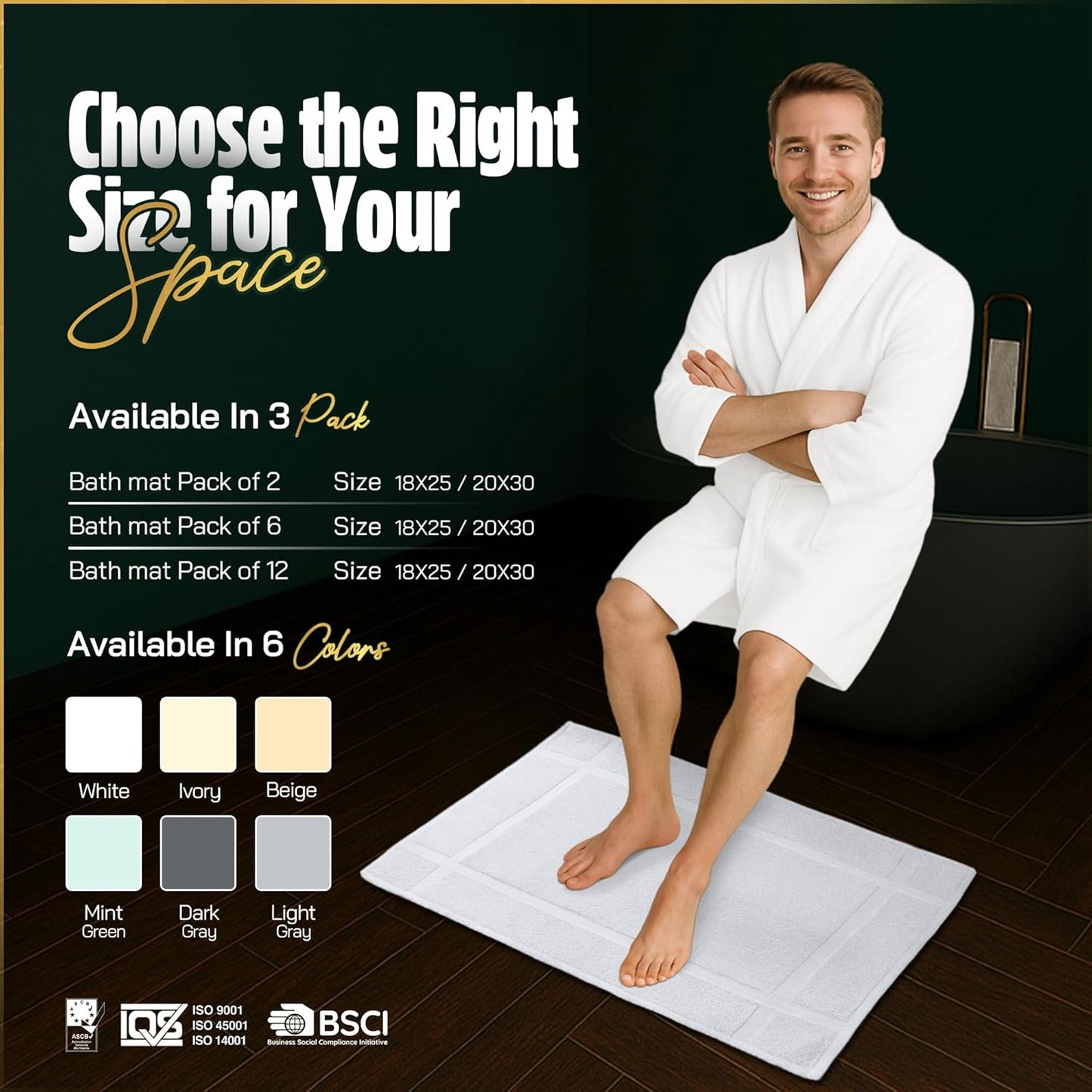 Pearl Linens Pack of 6 100% Cotton Bath Mat 20X30 inches, Soft & Absorbent Quick Dry Bathroom Mat Set, Not Bathroom Rugs, After Shower Mat, Bath Tub Mat, 687 GSM, Machine Washable, White