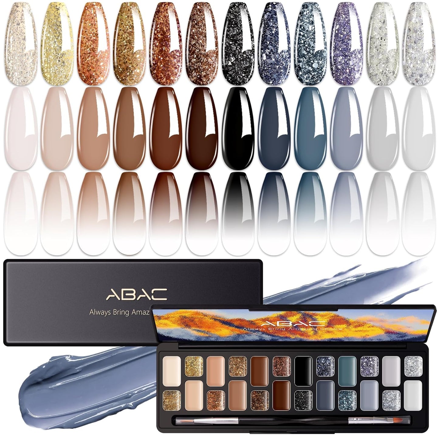 ABAC Fall & Winter Solid Gel Polish Set,Ombre Gel Nail Polish,Pat Paint Nail Art-Brown Gray Blue Glitter Colors w/Pro Brush No-Spill,Hema-Free Nail Kit for Women Industrial Wave Collection