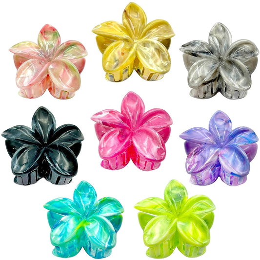 Flower Hair Claw Clips for Women, 8 Pack Hawaiian Flower Hair Clips, Plumeria Claw Clips for Thick Thin Hair, Large Strong Hold Nonslip Hawai Hair Accessories for Women Girls Gifts(Marbling-8 Colors)