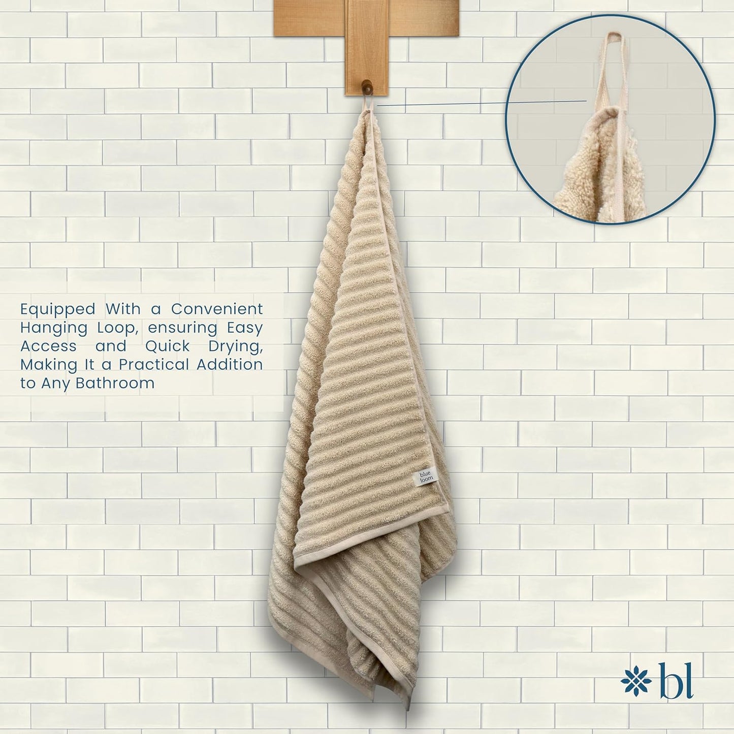 Blue Loom Ribbed Bath Towels Set, 100% Cotton 600GSM, Soft Absorbent Durable 2 Bath Towels, 2 Hand Towels, 2 Wash Cloths for Bathroom - Mason (58" x 30" inch Towels) (Ivory, 6 Piece)