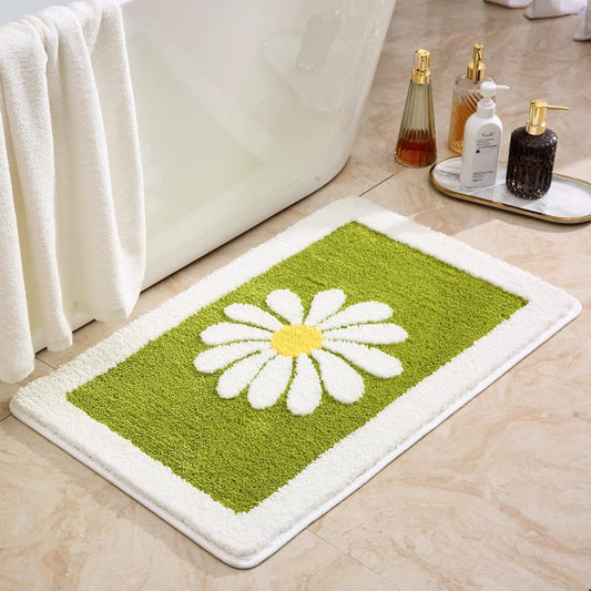 Bathroom Rugs Mat, White Flower Bath Rugs Fluffy Soft Superfine Fiber Rugs Non Slip Bath Mat Machine Wash Plush Mats, Bathroom Rug for Bathroom Shower Room (16"×24", Green)