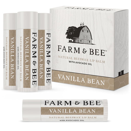 Natural Lip Balm - Organic & Natural Ingredients - Beeswax Based Moisturizing Lip Care Chapstick for Chapped Lips - Great Gift Idea - Farm & Bee - 0.15oz (Pack of 4 - Vanilla Bean)